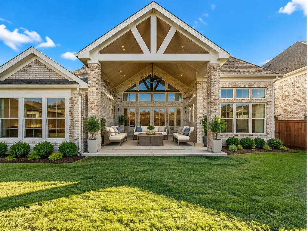 Expansive rear patio featuring a vaulted wood-paneled ceiling, exposed beams, and a ceiling fan. Aplace for entertainment.