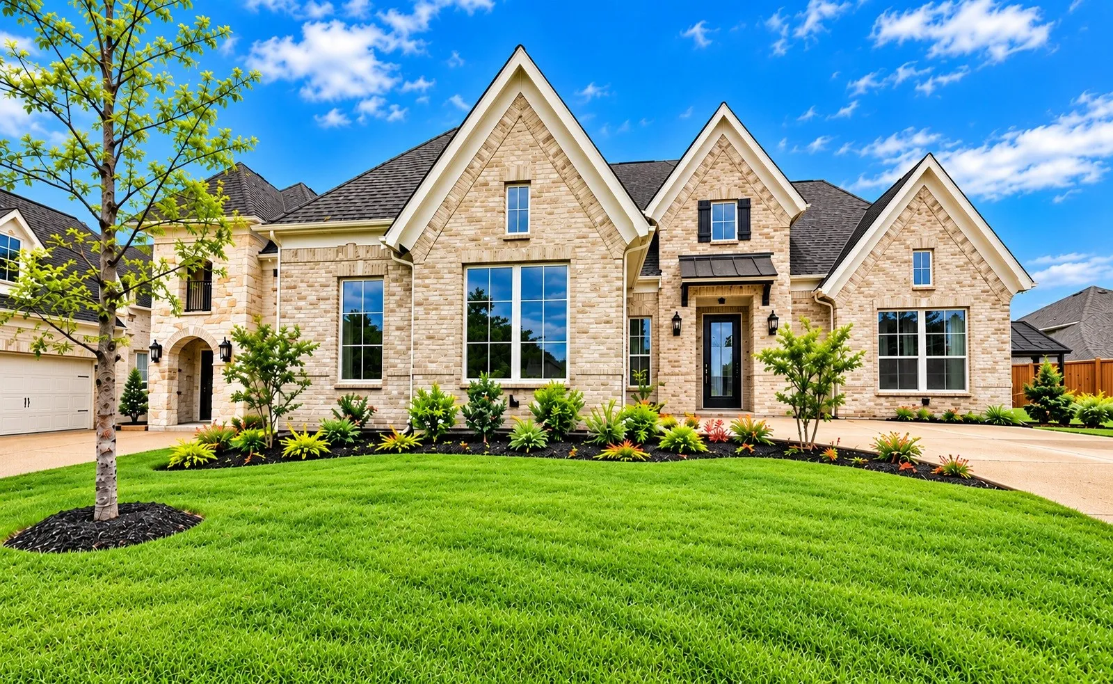 Stone facade with gabled rooflines, a covered front entry, and a two-car garage