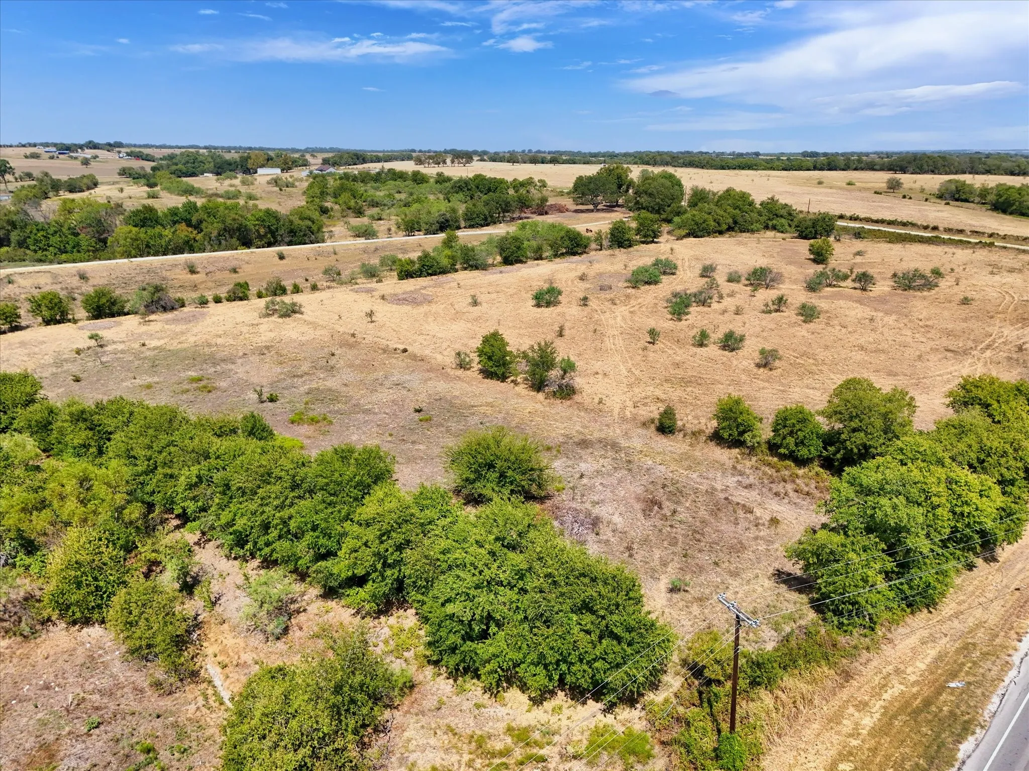 Expansive acreage featuring mature trees and open land, bordered by a paved road