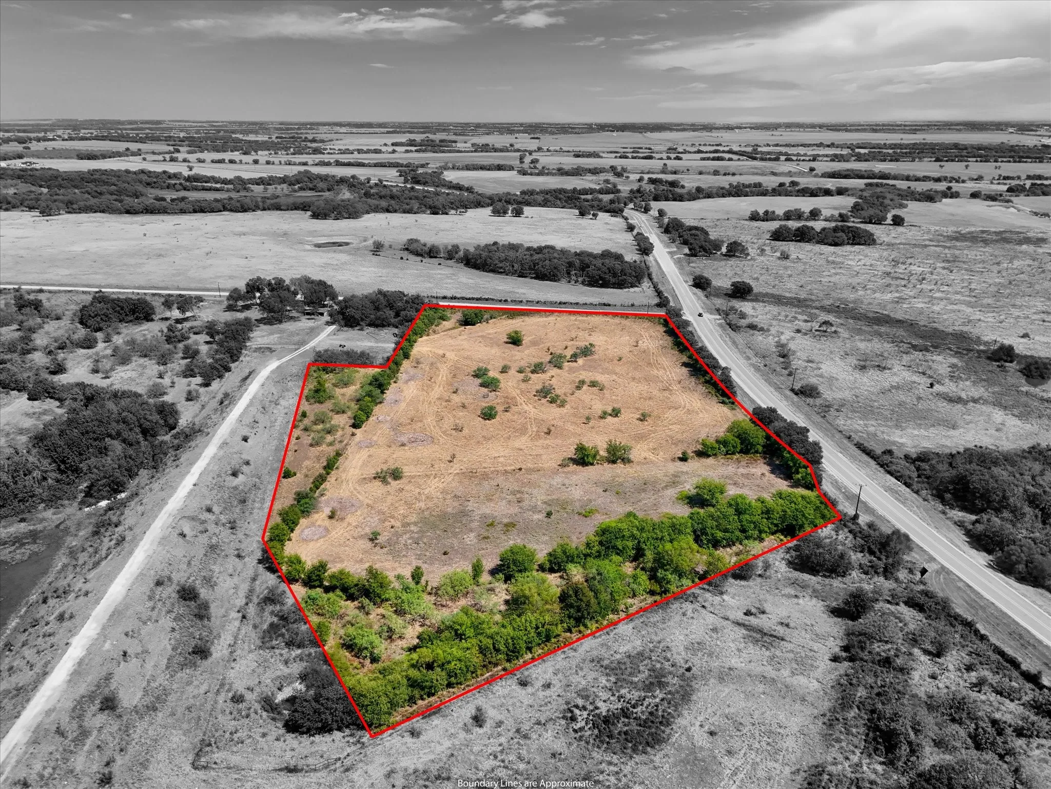 Expansive land parcel with clear boundaries, situated alongside a paved road, featuring scattered natural vegetation