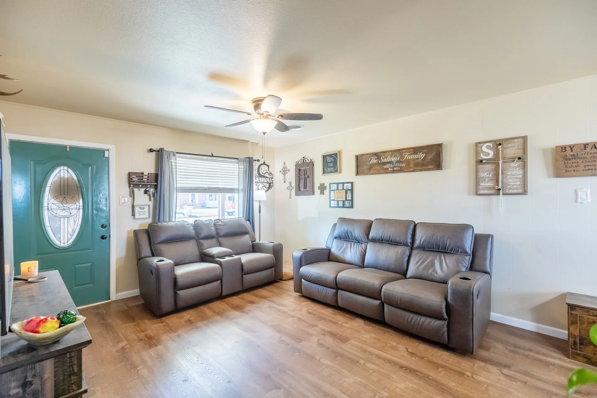 Wood-finish flooring throughout the living space