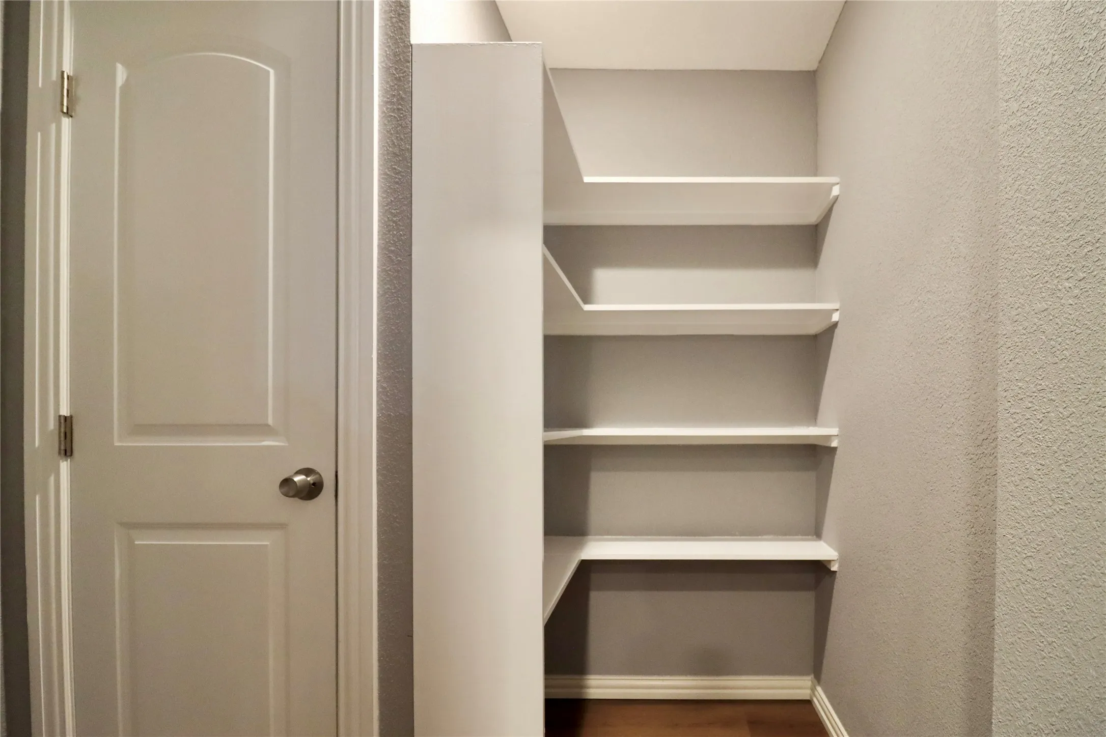 White solid panel interior door, built-in shelving, wood-finish flooring, and textured wall finish