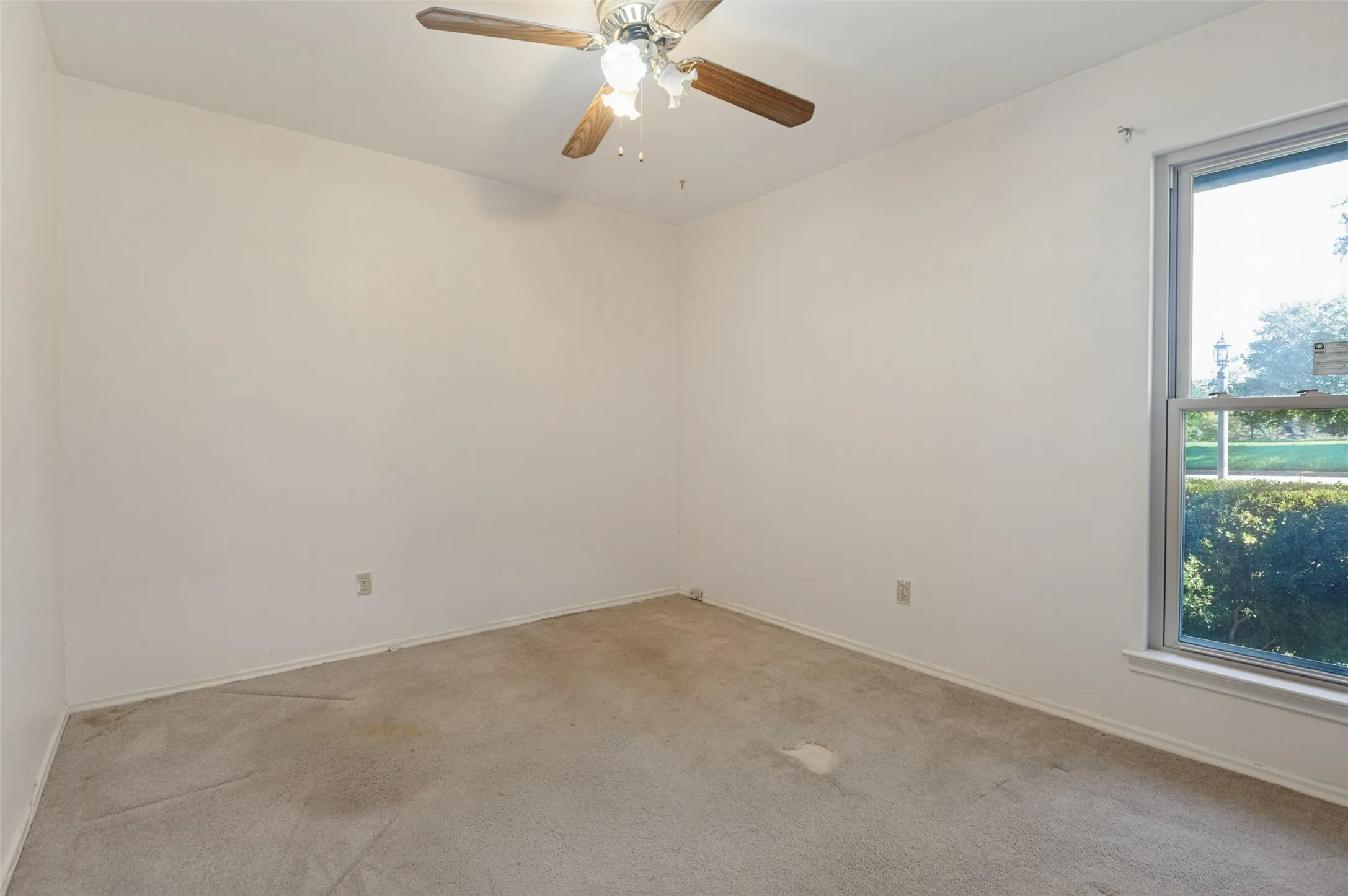 Neutral wall finishes, a ceiling fan with light fixture, and a window providing natural light