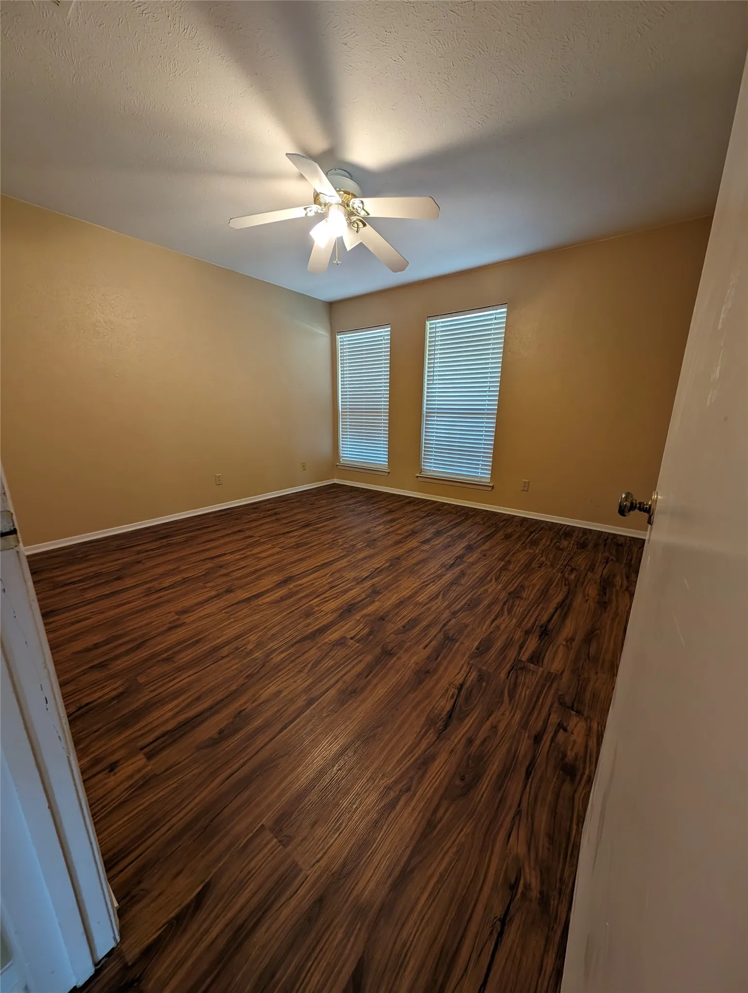 Spacious room featuring wood-finish flooring, two windows with blinds, a ceiling fan, and textured walls