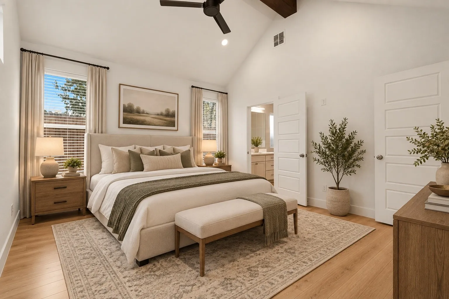 Vaulted ceiling with exposed wood beam, wood-finish flooring, two large windows with blinds, ceiling fan, and five-panel interior doors