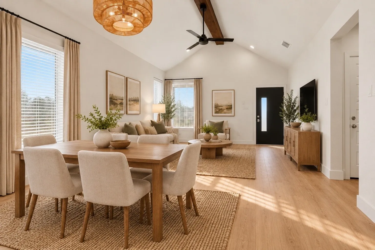Virtually staged: Vaulted ceiling with exposed wood beam, wood-finish flooring, recessed lighting, and ample natural light from multiple windows
