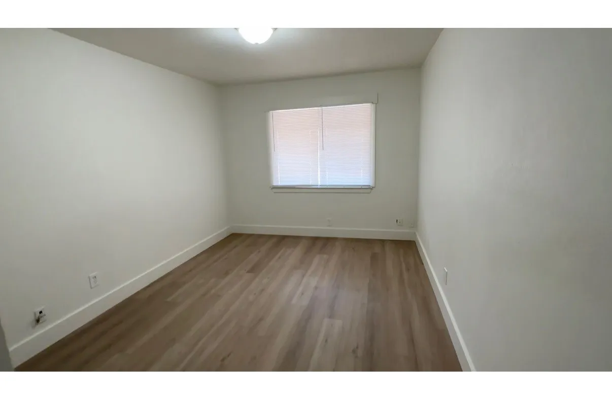 Recessed window with blinds, wood-finish flooring, white walls, and a ceiling-mounted light fixture