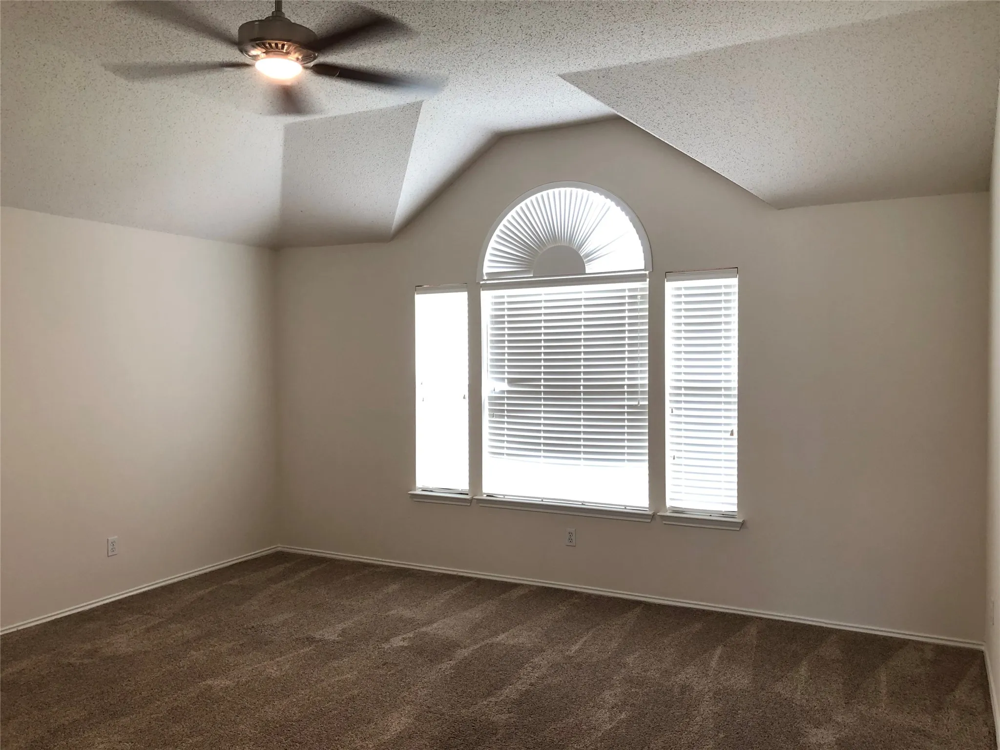 Vaulted ceiling with an arched window and ceiling fan