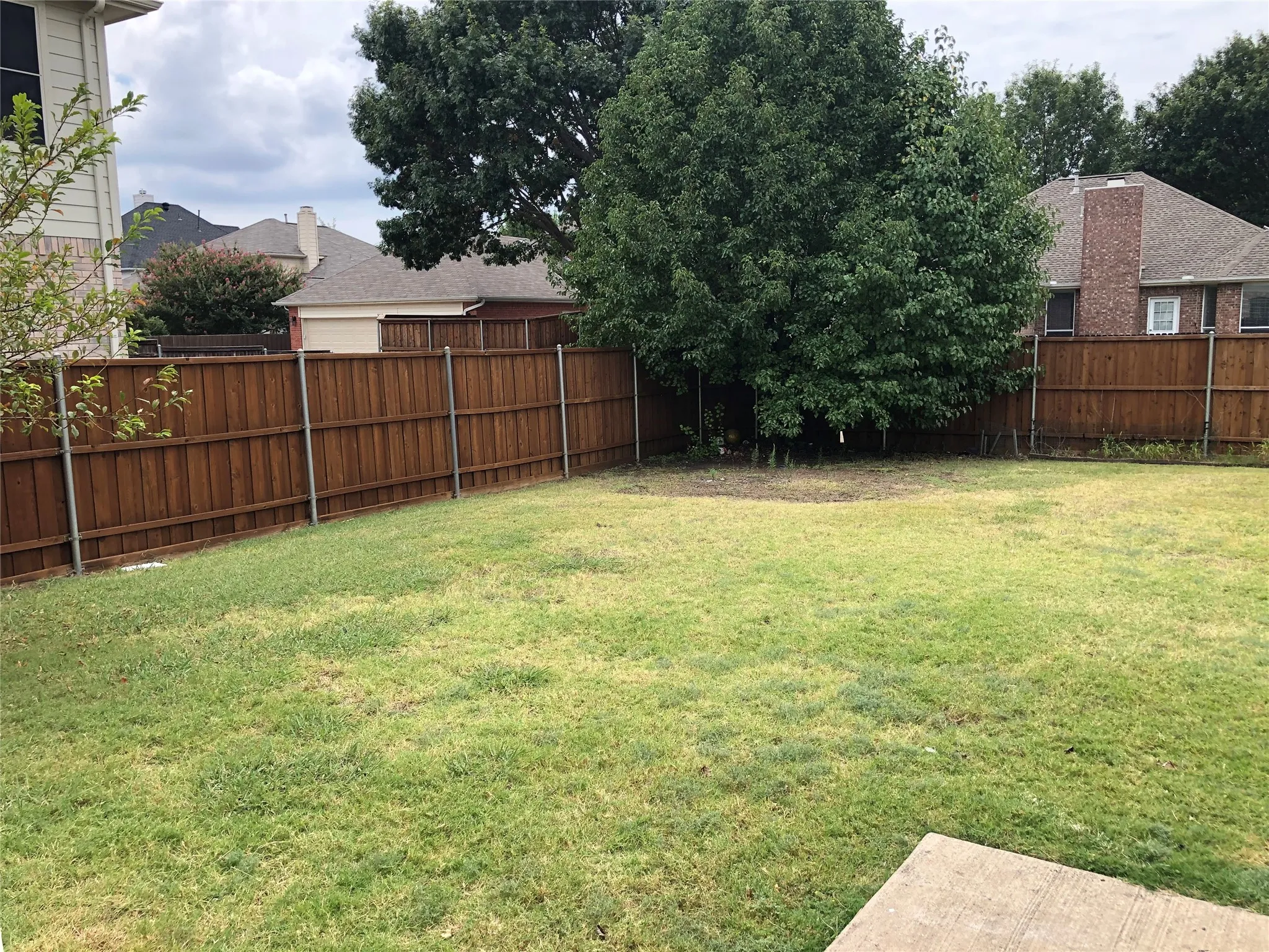 Expansive grassy yard with a concrete patio pad and tall wooden privacy fencing