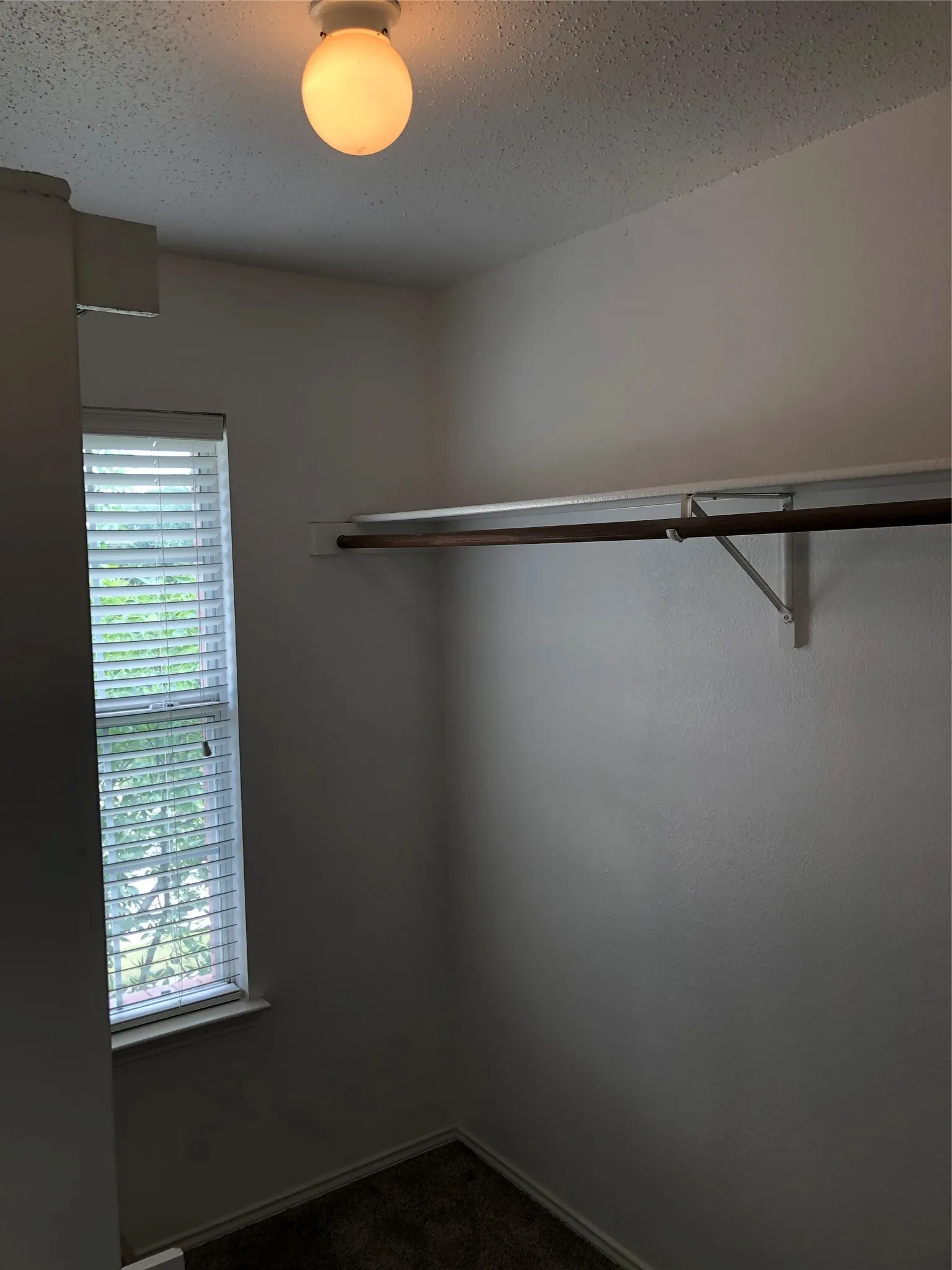 Built-in closet shelving with a hanging rod, textured ceiling, and flush-mount ceiling light