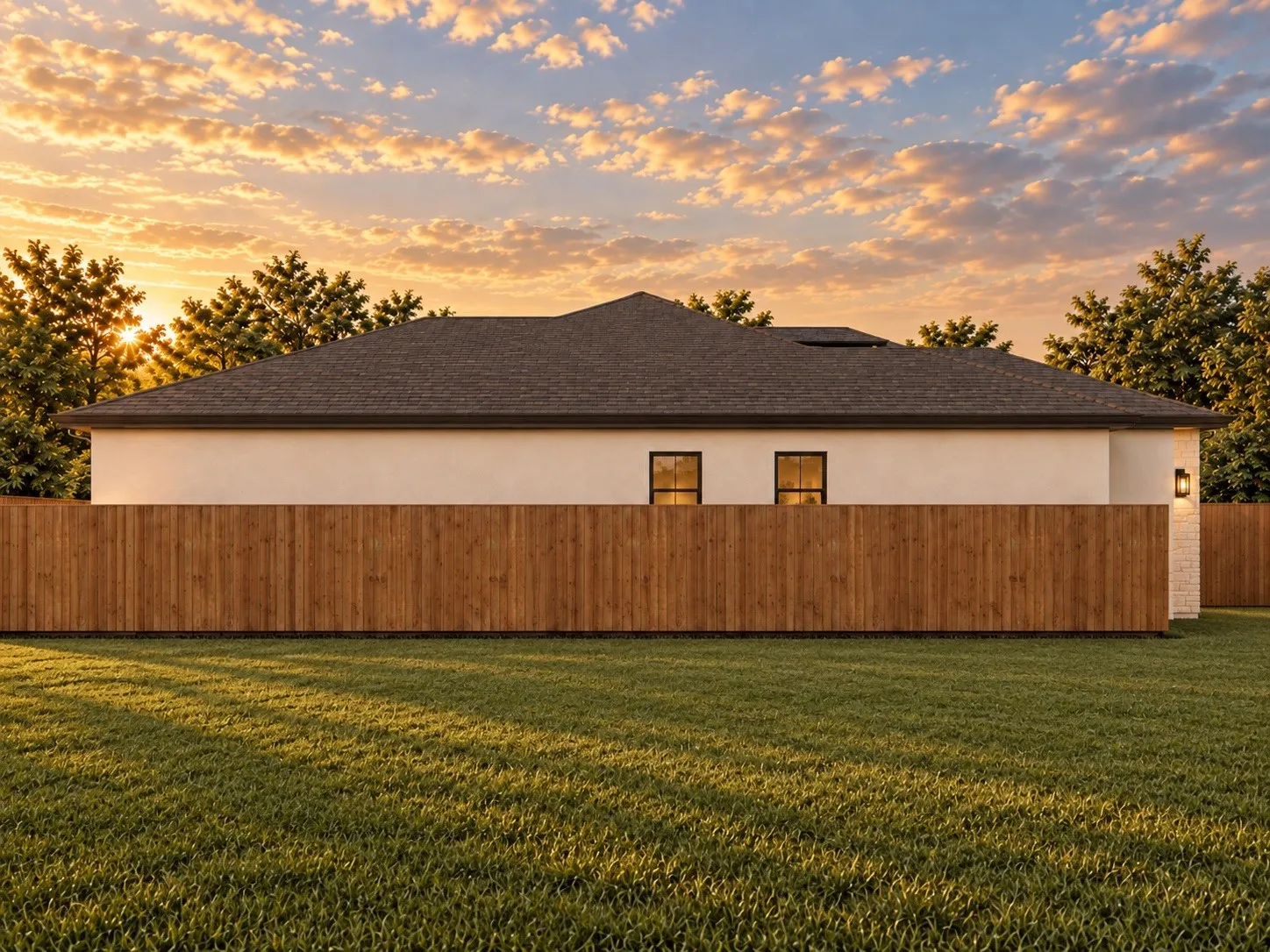 Expansive backyard with manicured lawn, full-height wooden privacy fencing, and a stucco exterior
