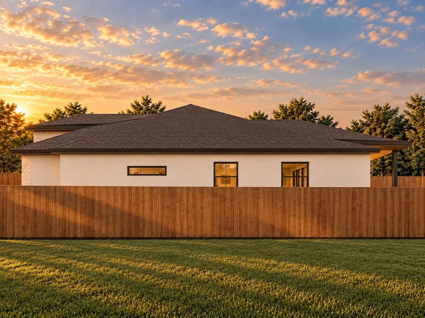 White stucco exterior with dark-framed windows, a dark shingle roof, and a wood privacy fence