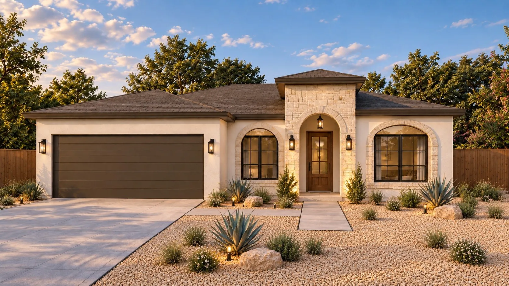 Stucco exterior with stone accents, arched entry and windows, dark wood-finish front door, and a two-car garage