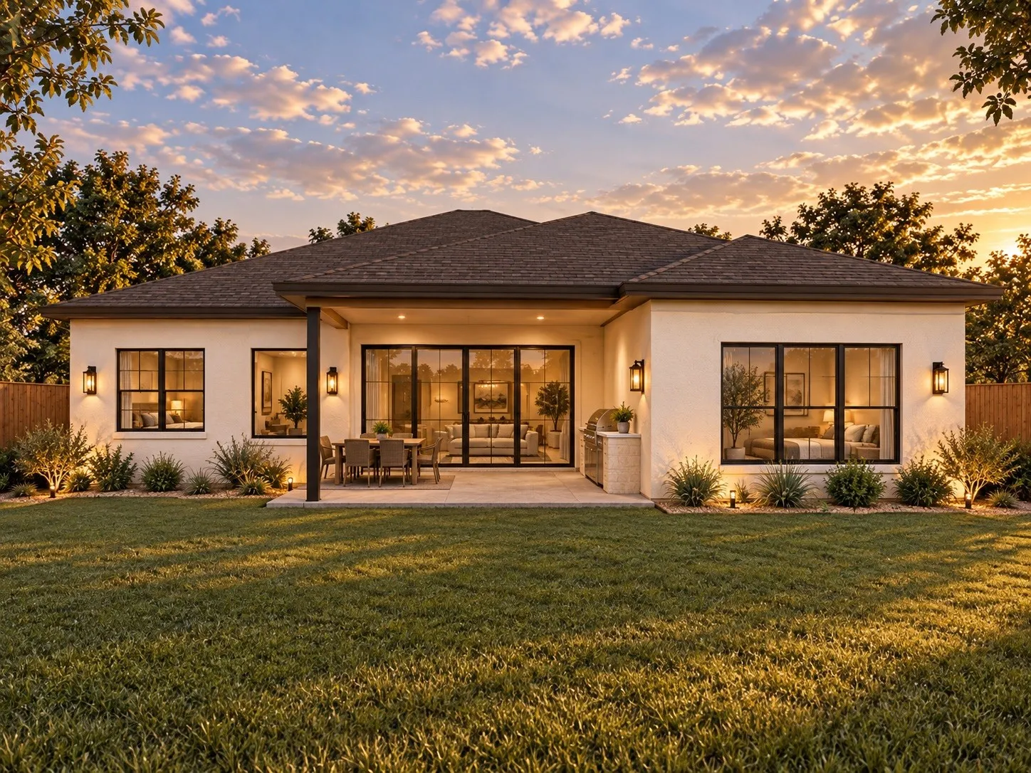 Expansive backyard featuring a covered patio, multiple large windows with dark frames, and an outdoor cooking station
