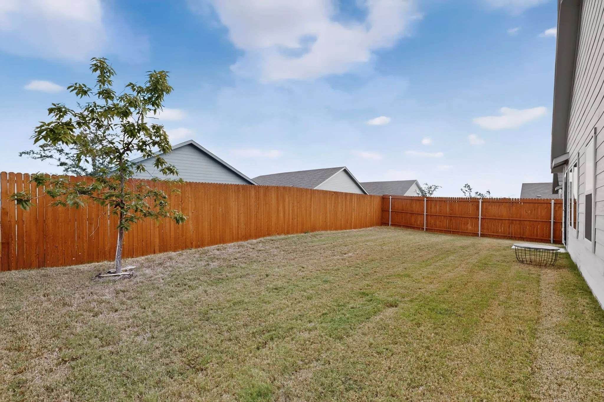 Expansive backyard featuring a privacy fence, mature tree, and a sloped grass area