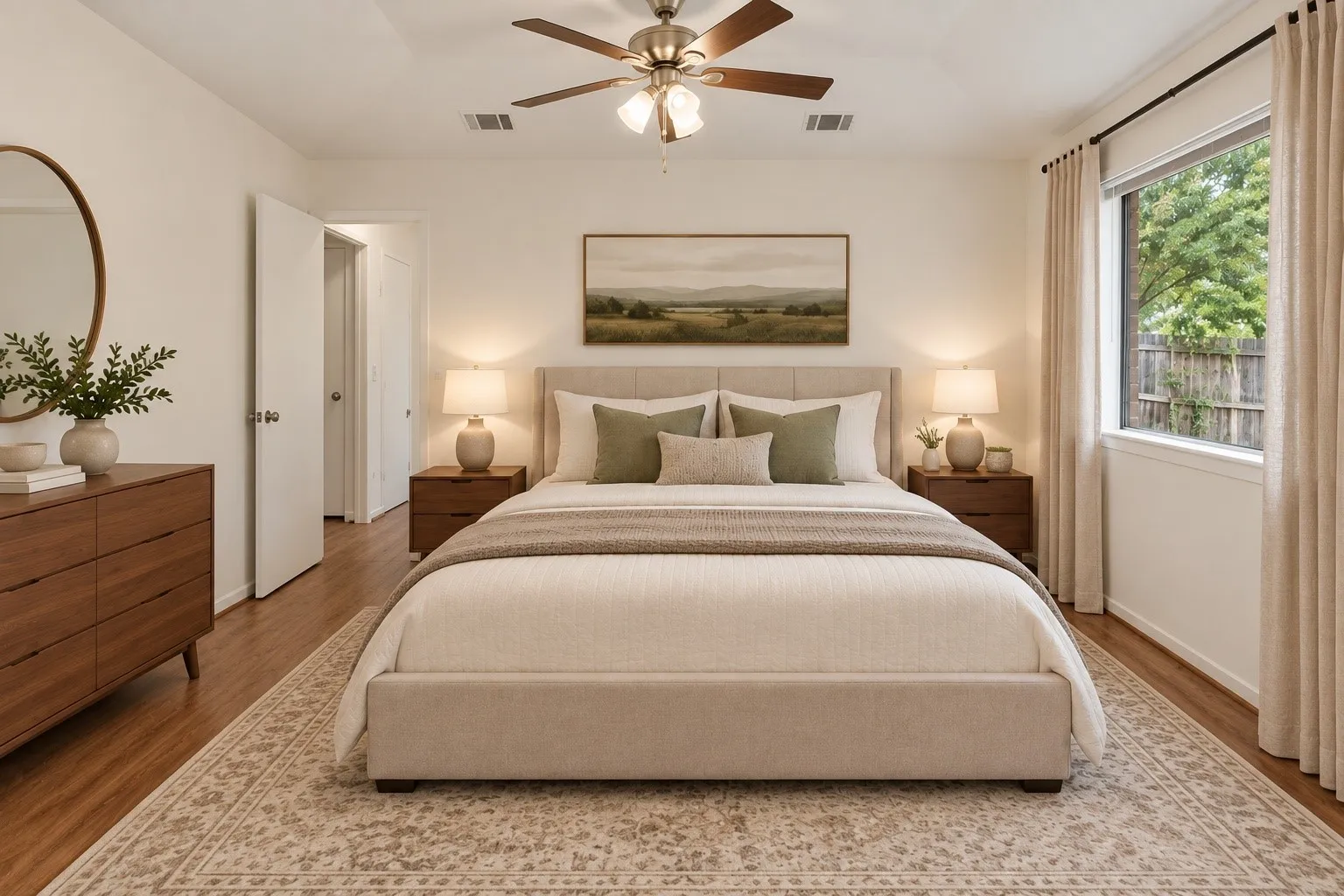 Tray ceiling with a ceiling fan, wood-finish flooring, and a large window with roller shades
