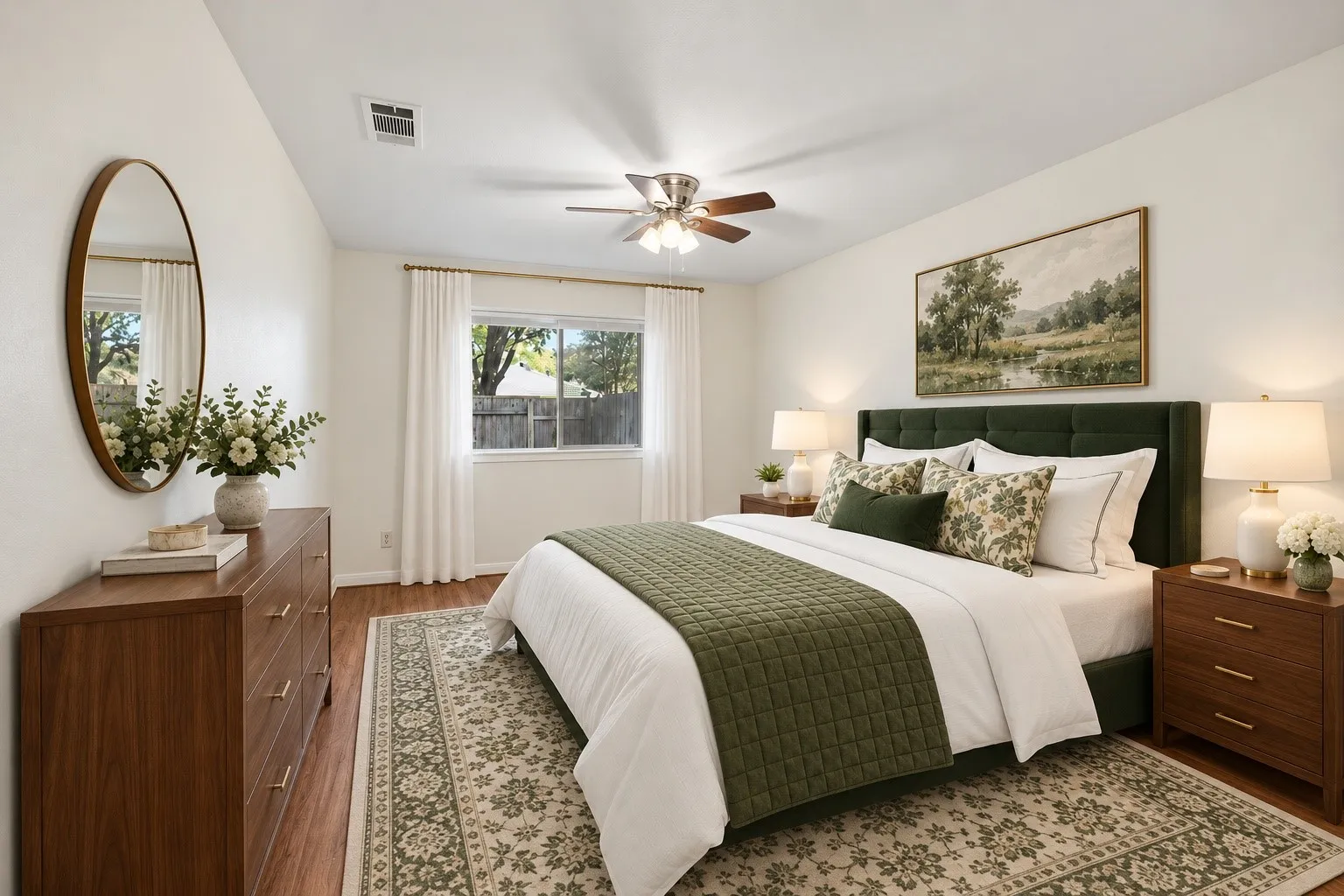 Primary bedroom featuring a black upholstered bed frame, wood-finish nightstands with integrated lighting, hardwood flooring, a geometric area rug, ceiling fan with brushed nickel finish, and large windows with white curtain panels allowing natural light throughout the space