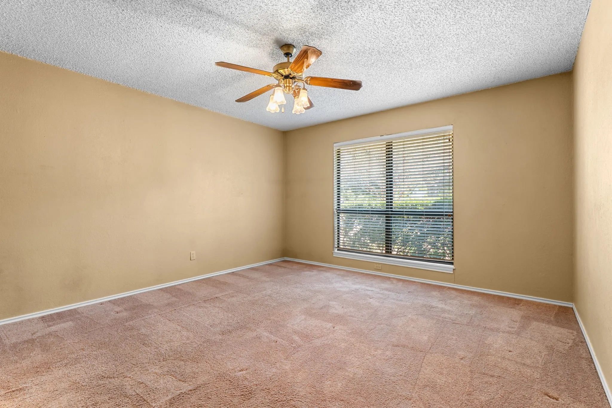 Window with horizontal blinds, overhead ceiling fan with light fixture, and wall-to-wall carpeting