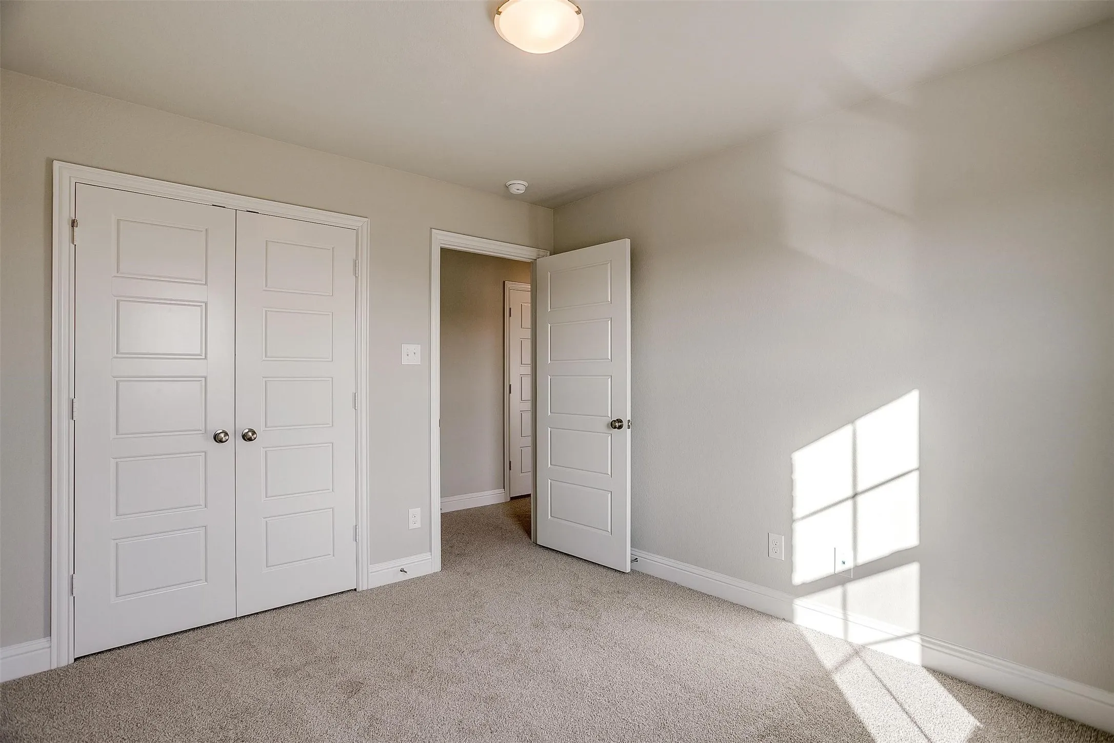 Neutral wall paint, plush carpeting, ceiling-mounted light fixture, white interior doors, and white trim