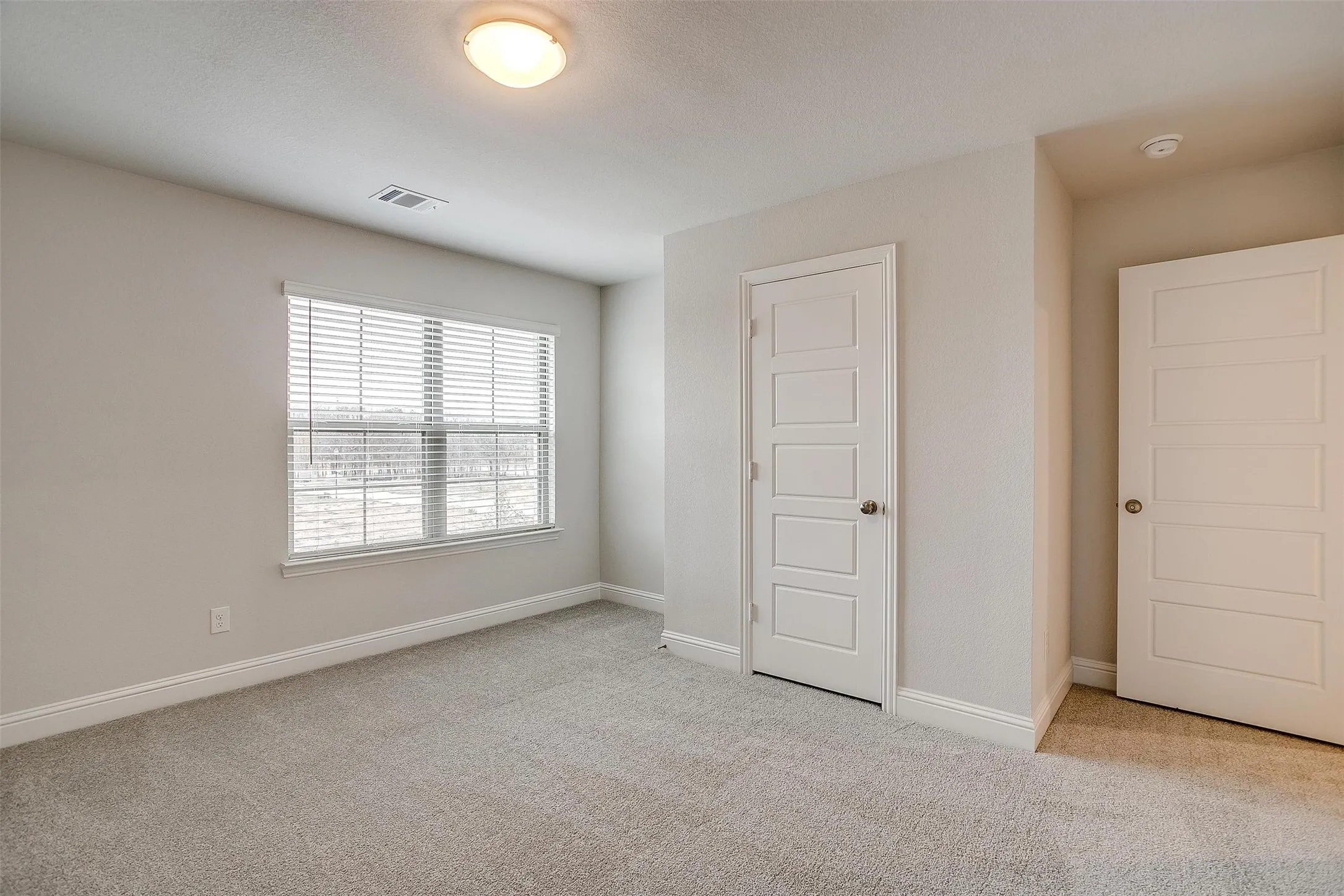 Neutral wall paint, window with horizontal blinds, flush mount ceiling light, paneled interior doors, and carpet flooring