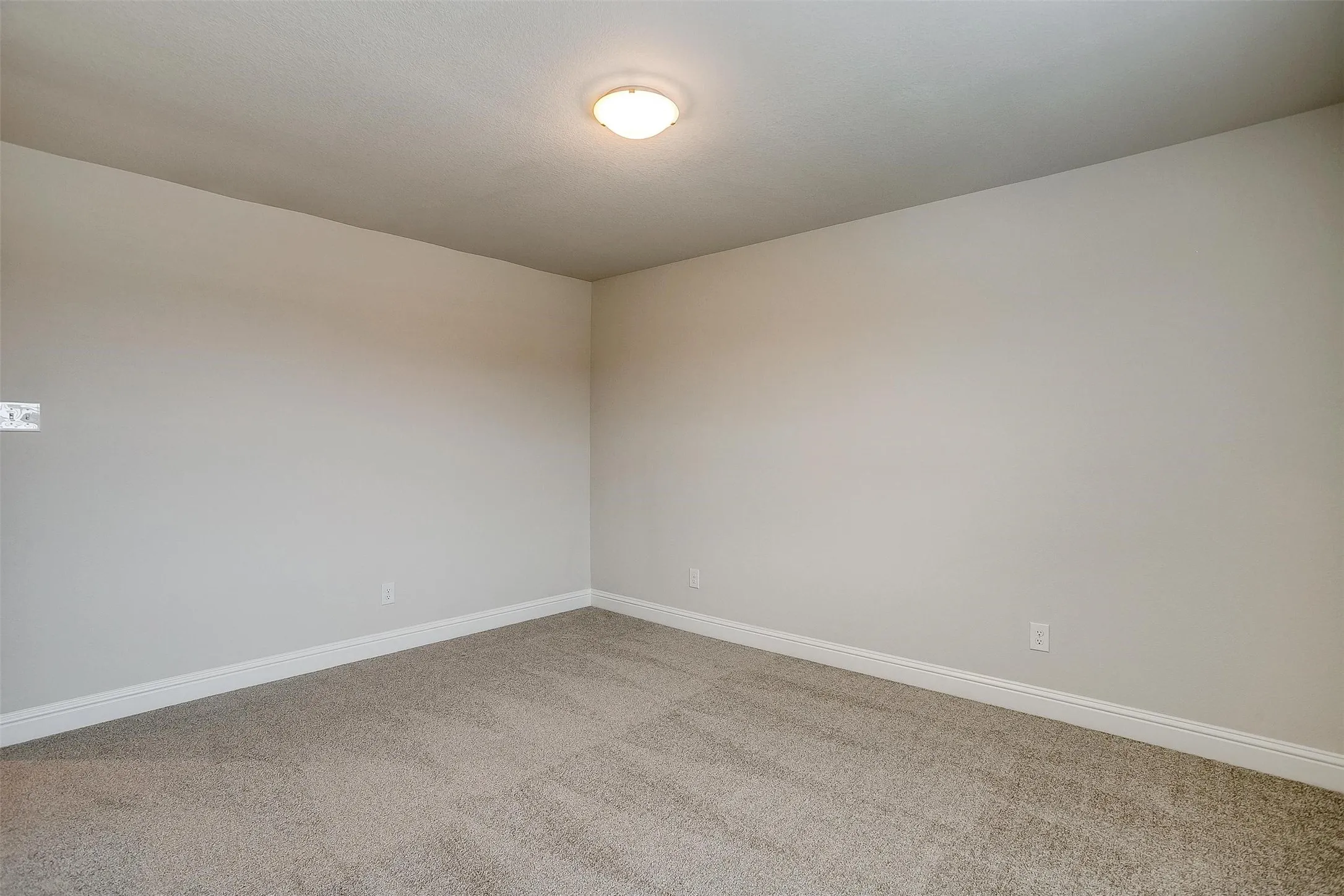 Textured carpet flooring, white painted walls, and a flush mount ceiling light fixture