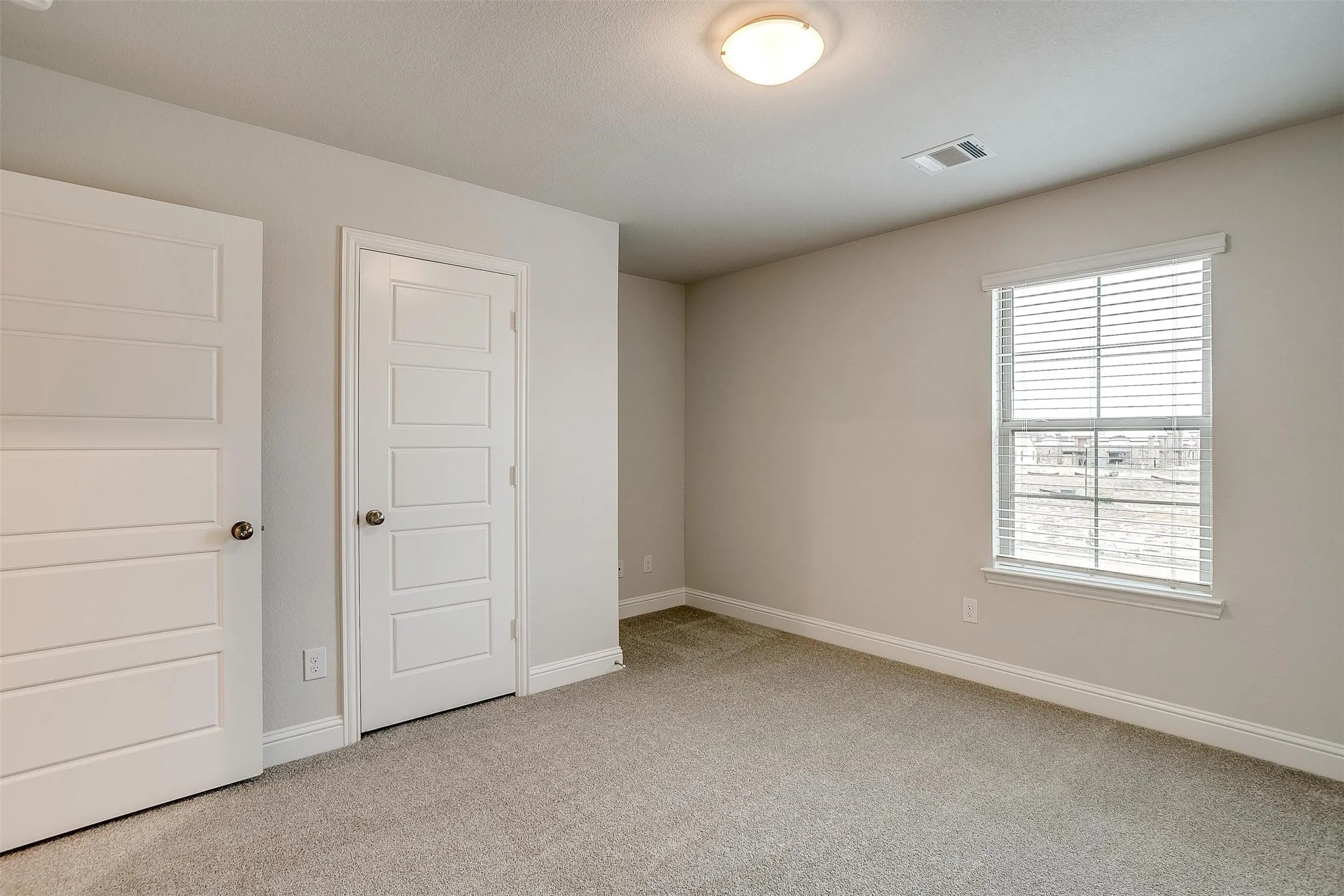 Neutral wall paint, carpet flooring, two paneled doors, window with horizontal blinds, and a flush mount light fixture