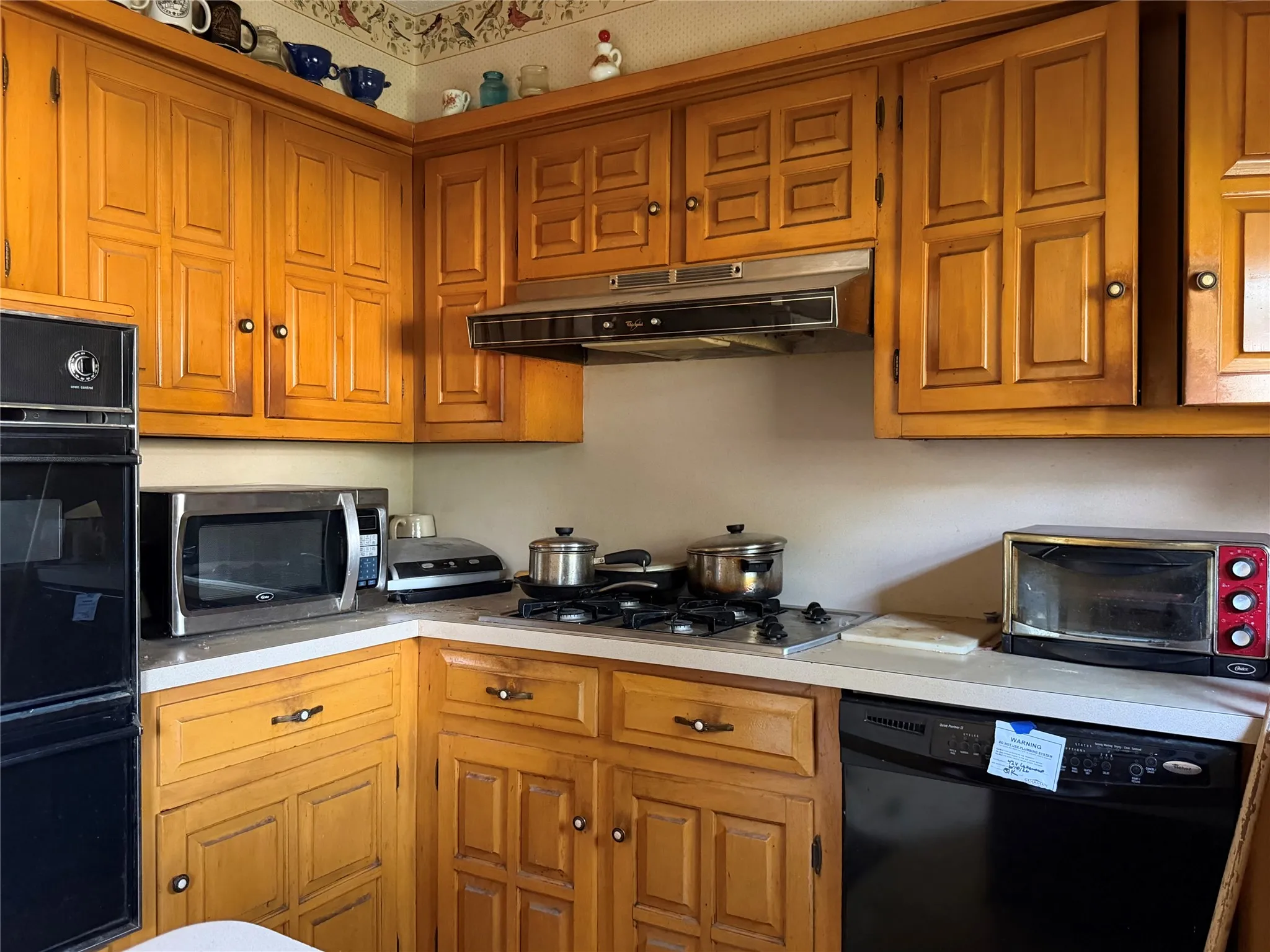 Built-in oven, integrated gas cooktop, dishwasher, and wood-finish cabinetry with panel detailing