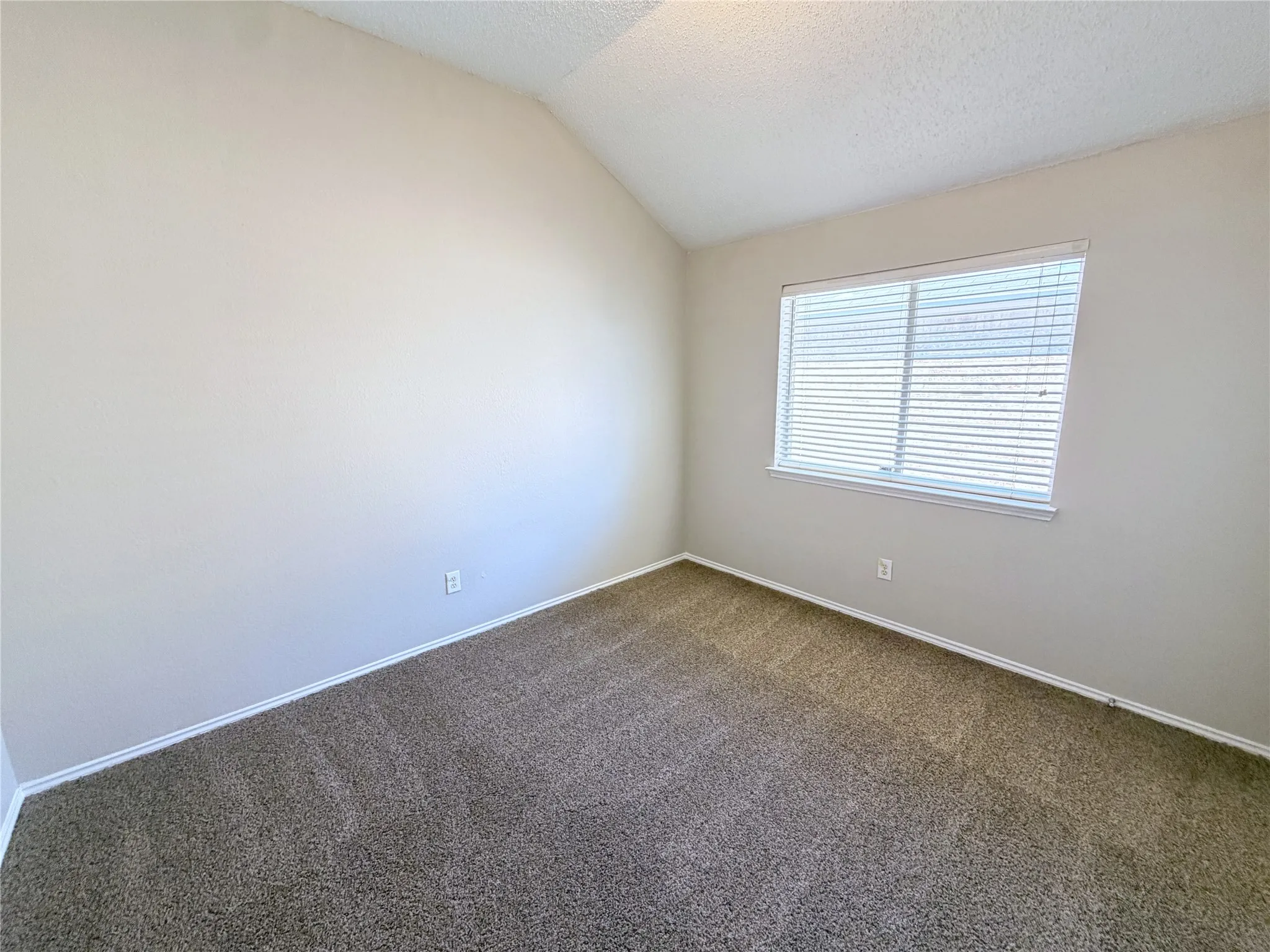 Sloped ceiling design, window with horizontal blinds, neutral wall paint, and carpeted flooring