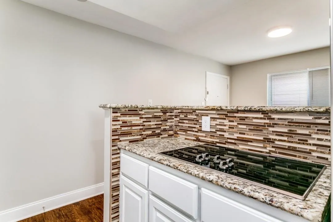 Countertop featuring a built-in cooktop, stone-finish surfaces, and a tile backsplash