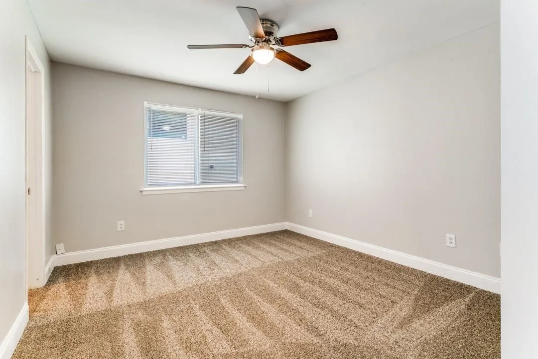 Neutral wall paint, ceiling fan with light fixture, window with blinds, and patterned carpeting