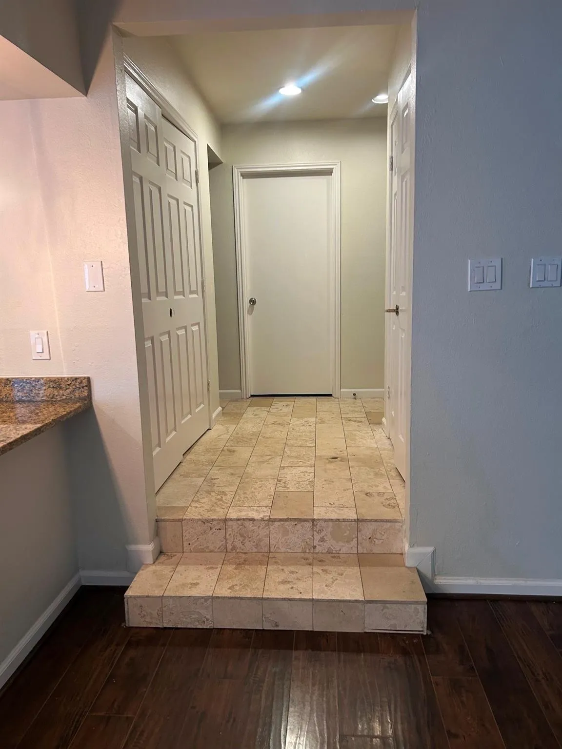 Wood-finish flooring with a multi-level transition to a tiled landing