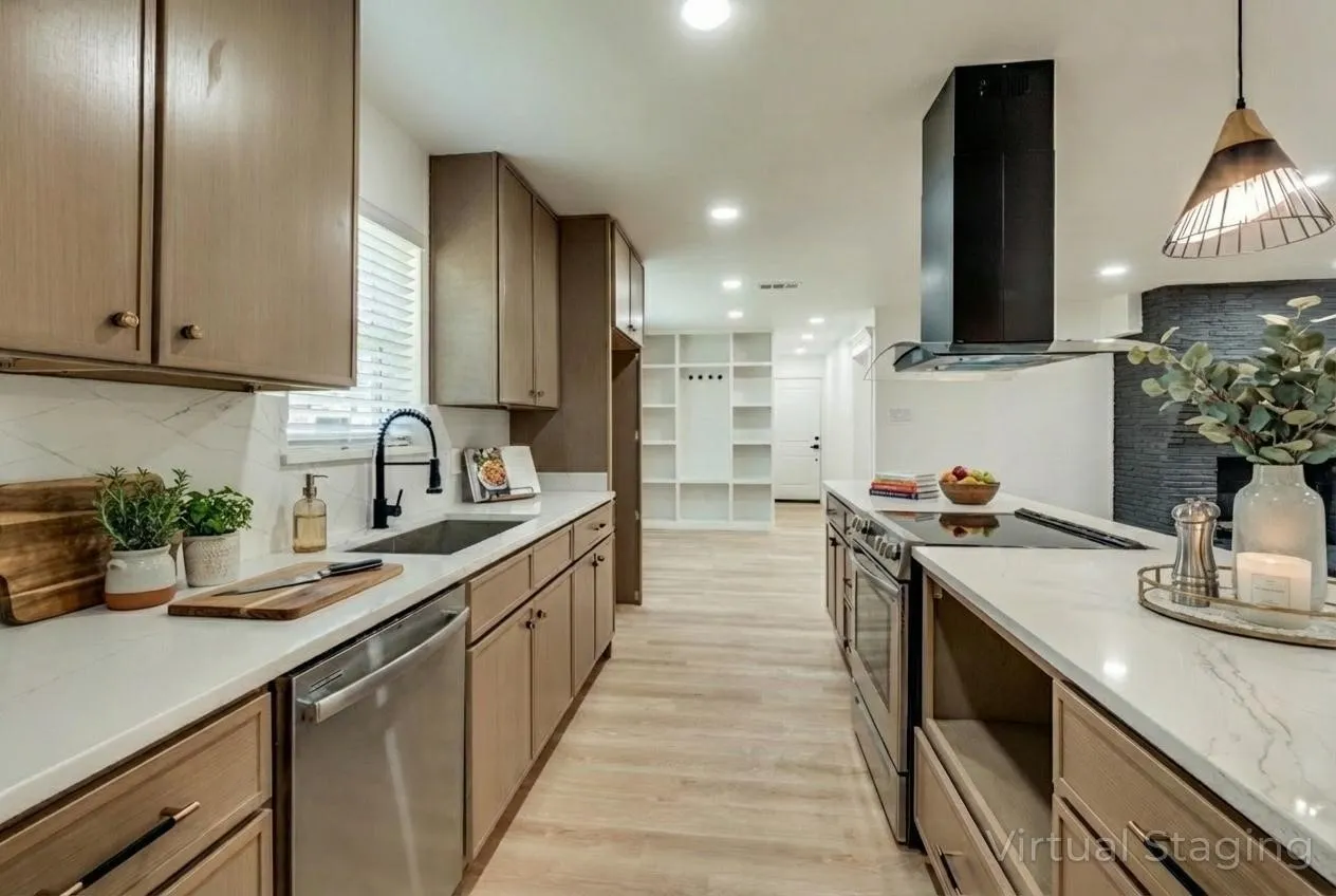 Galley kitchen featuring light wood-finish cabinetry, stainless steel appliances, a kitchen island with cooktop, and a black range hood