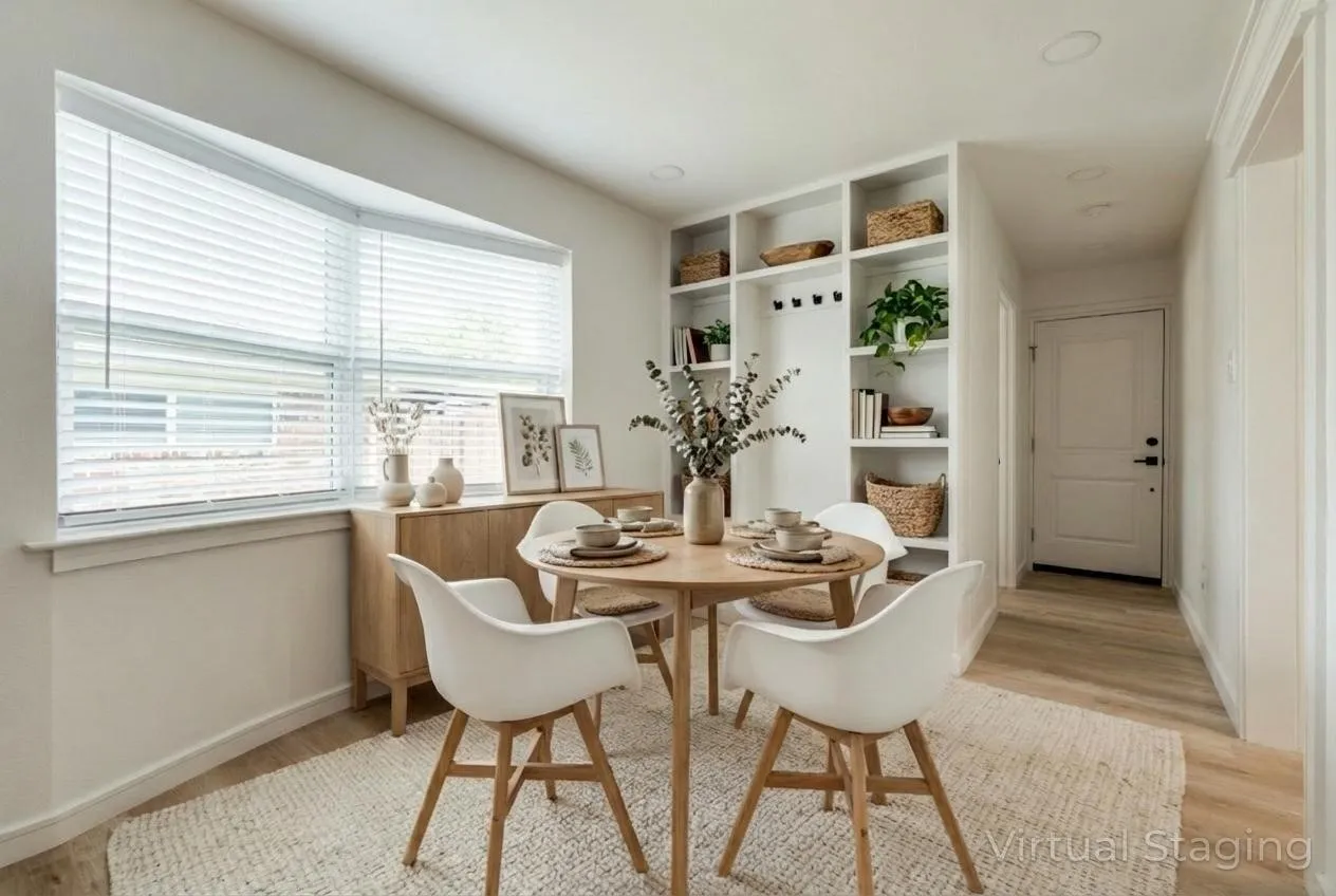 Bay window with horizontal blinds, built-in shelving, recessed ceiling lighting, and wood-finish flooring