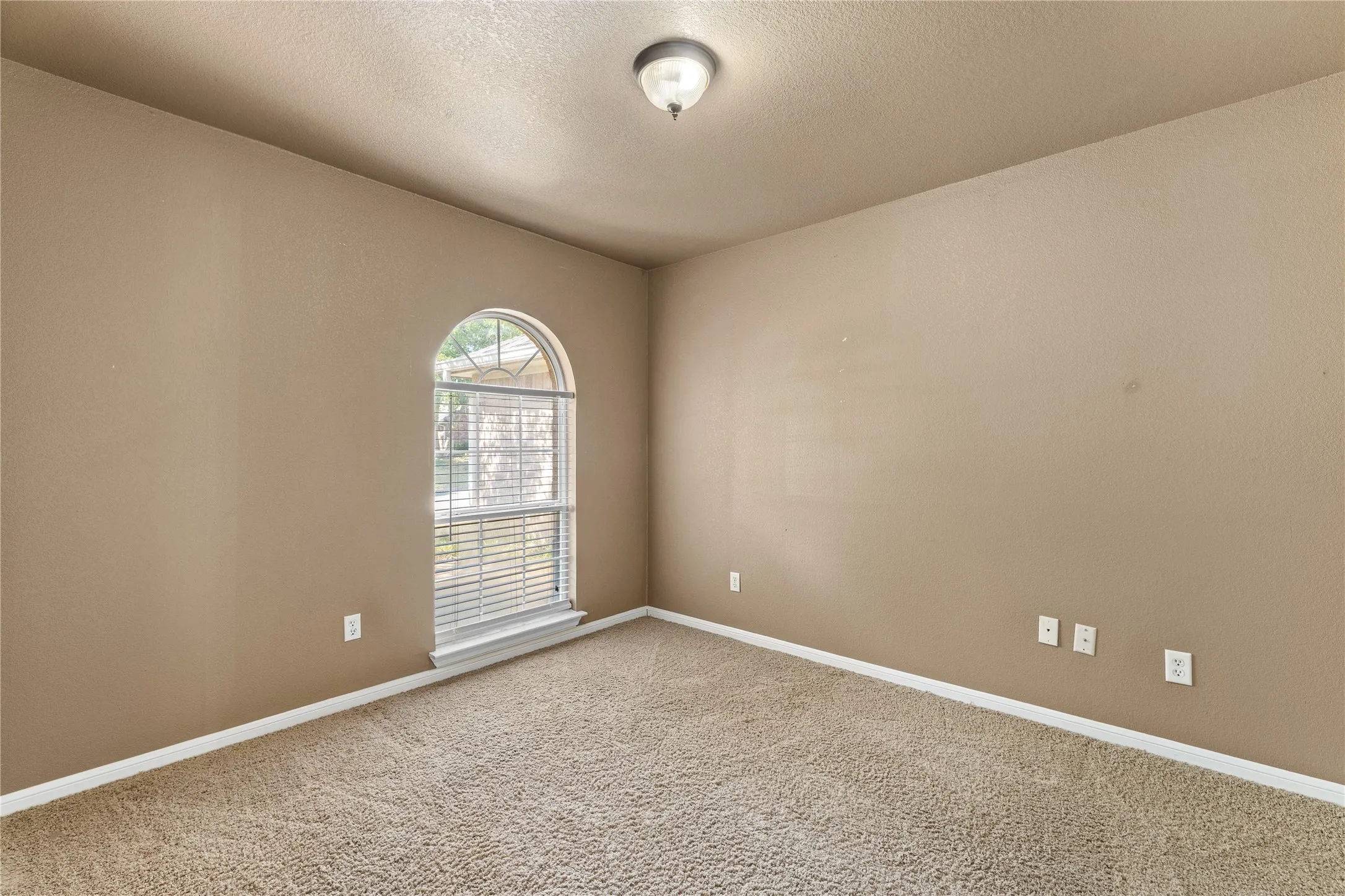 Arch-top window with blinds, neutral-toned walls, and carpeted flooring