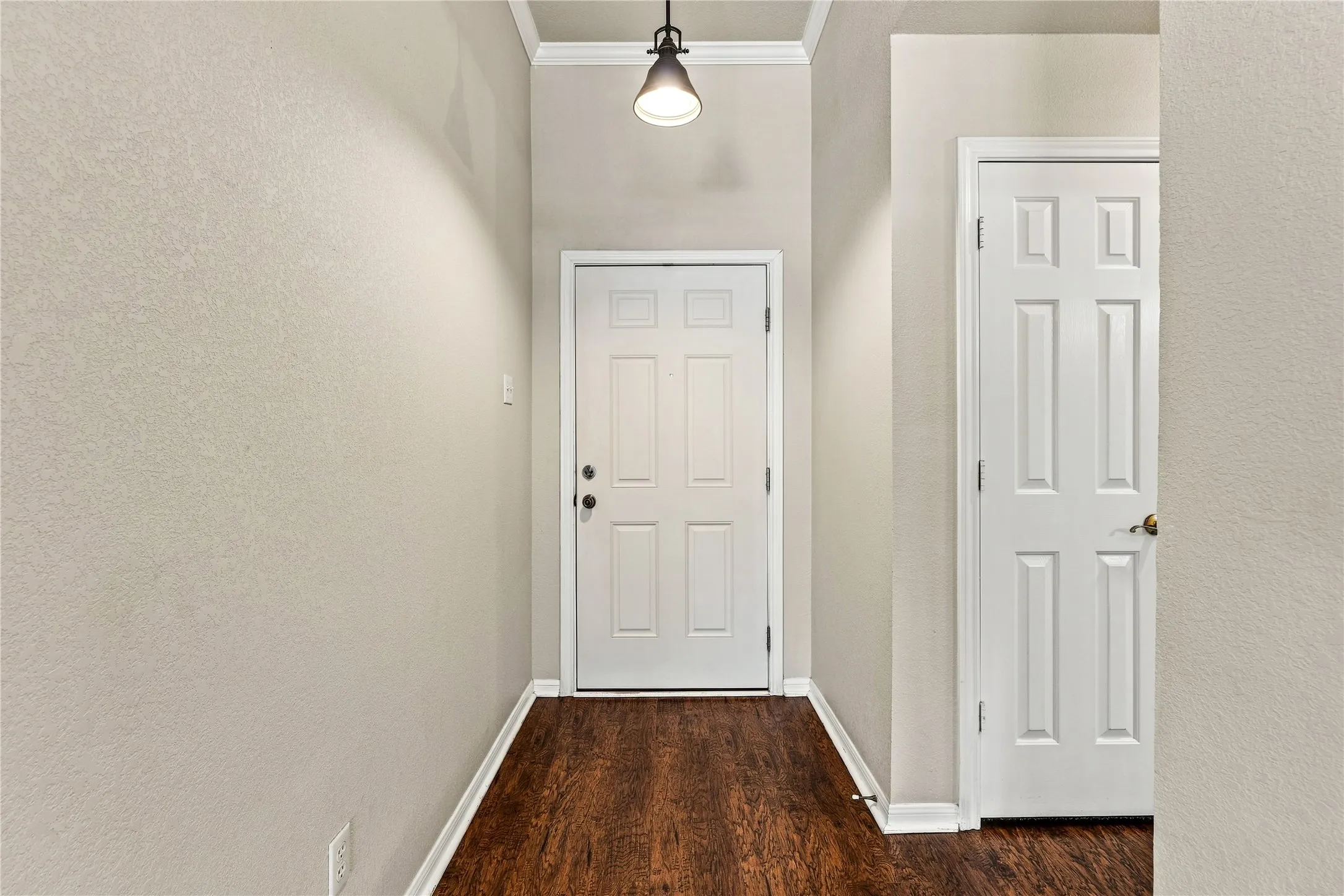 Wood-finish flooring, white panel doors, overhead pendant lighting, and crisp white trim
