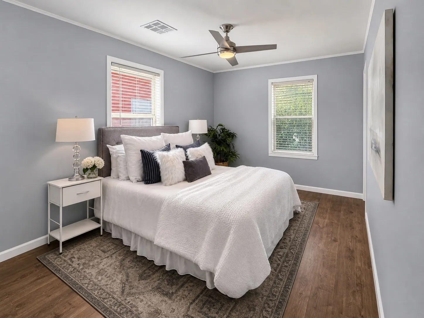 Wood-finish flooring with light blue walls