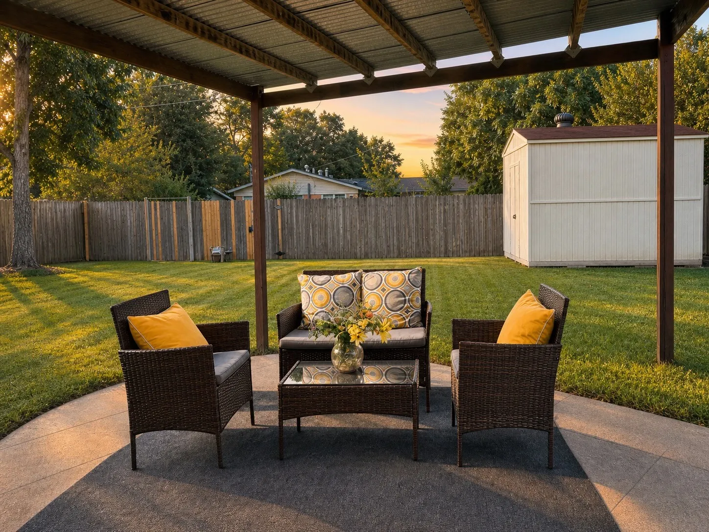 Expansive backyard featuring a corrugated metal patio cover, concrete patio, a privacy fence, and a storage shed