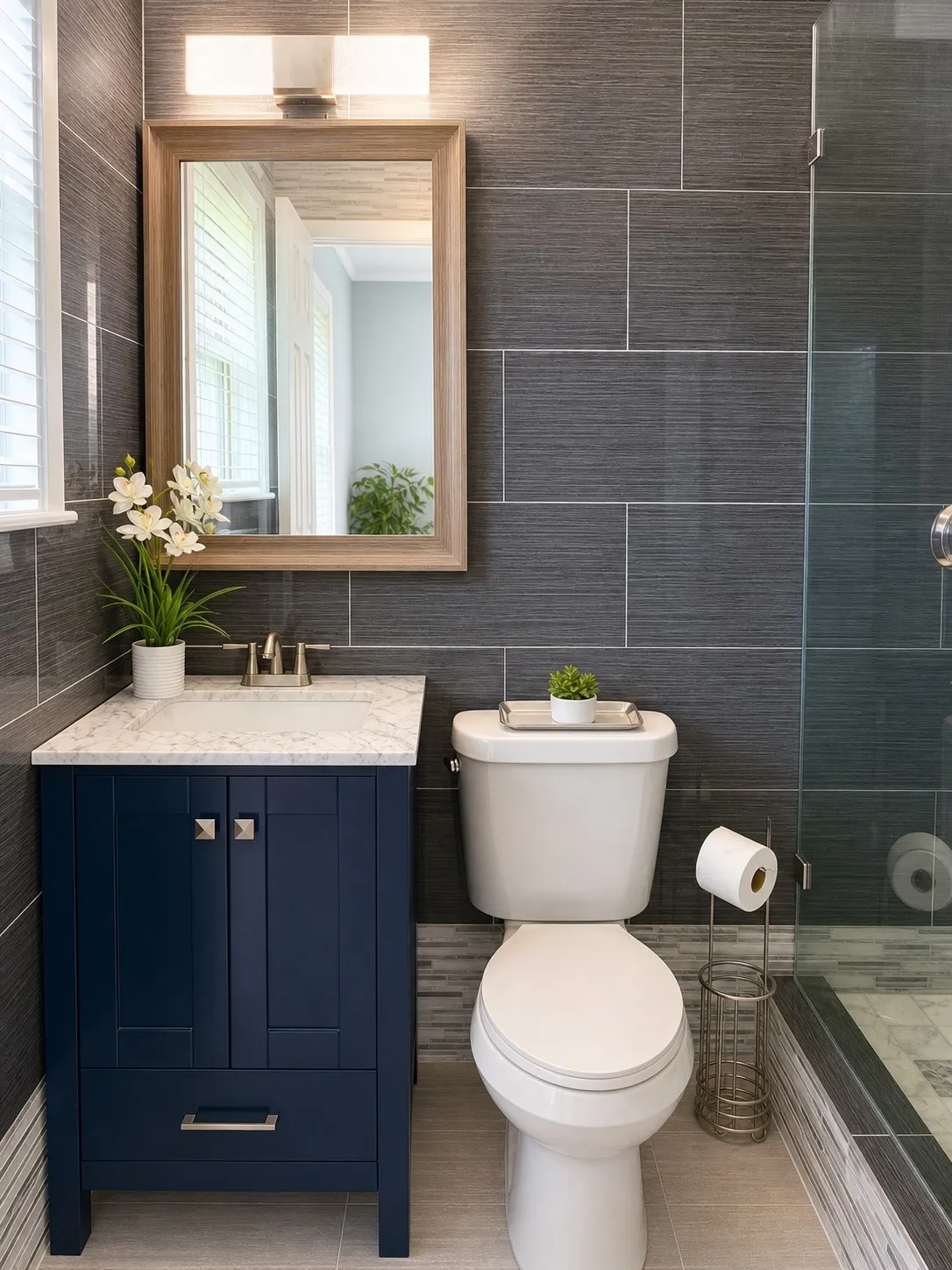 Vanity with integrated sink and chrome faucet, set against textured gray wall tile