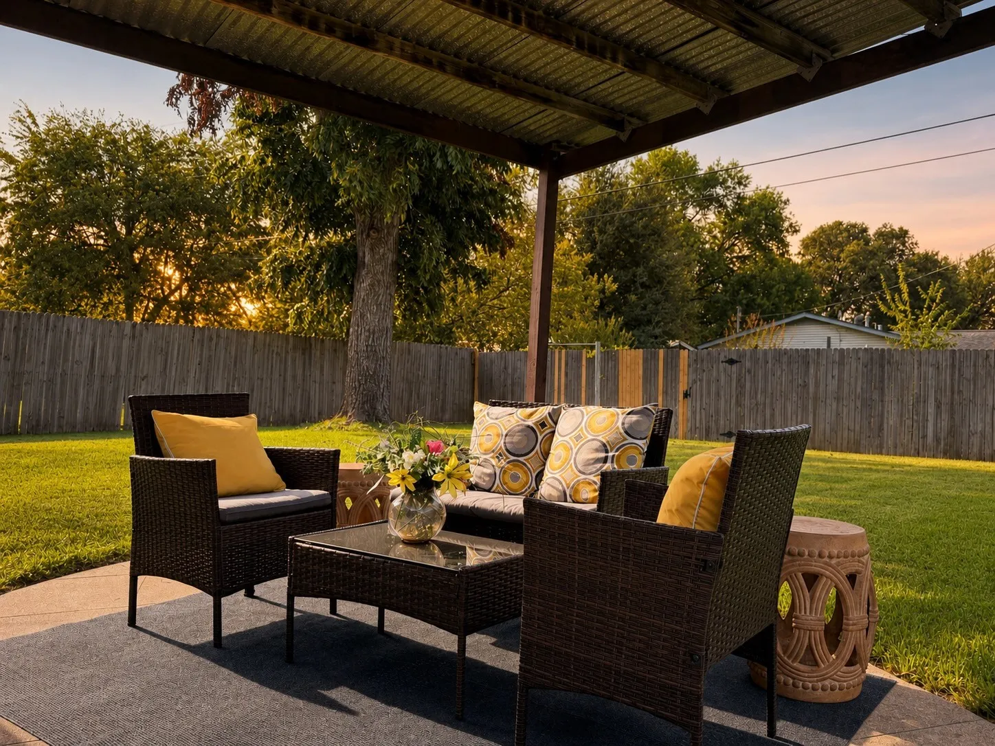 Covered patio with a corrugated metal roof, concrete patio surface, and a fenced backyard