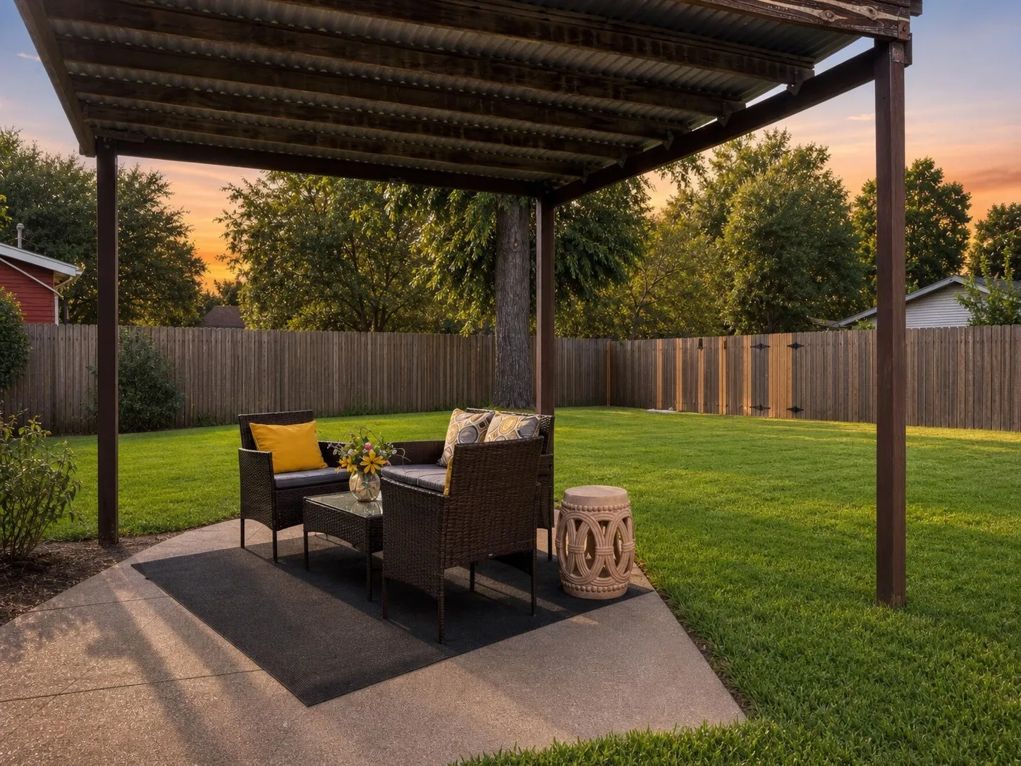 Covered patio with a corrugated metal roof, concrete patio, expansive lawn, wood privacy fencing, and a wood gate