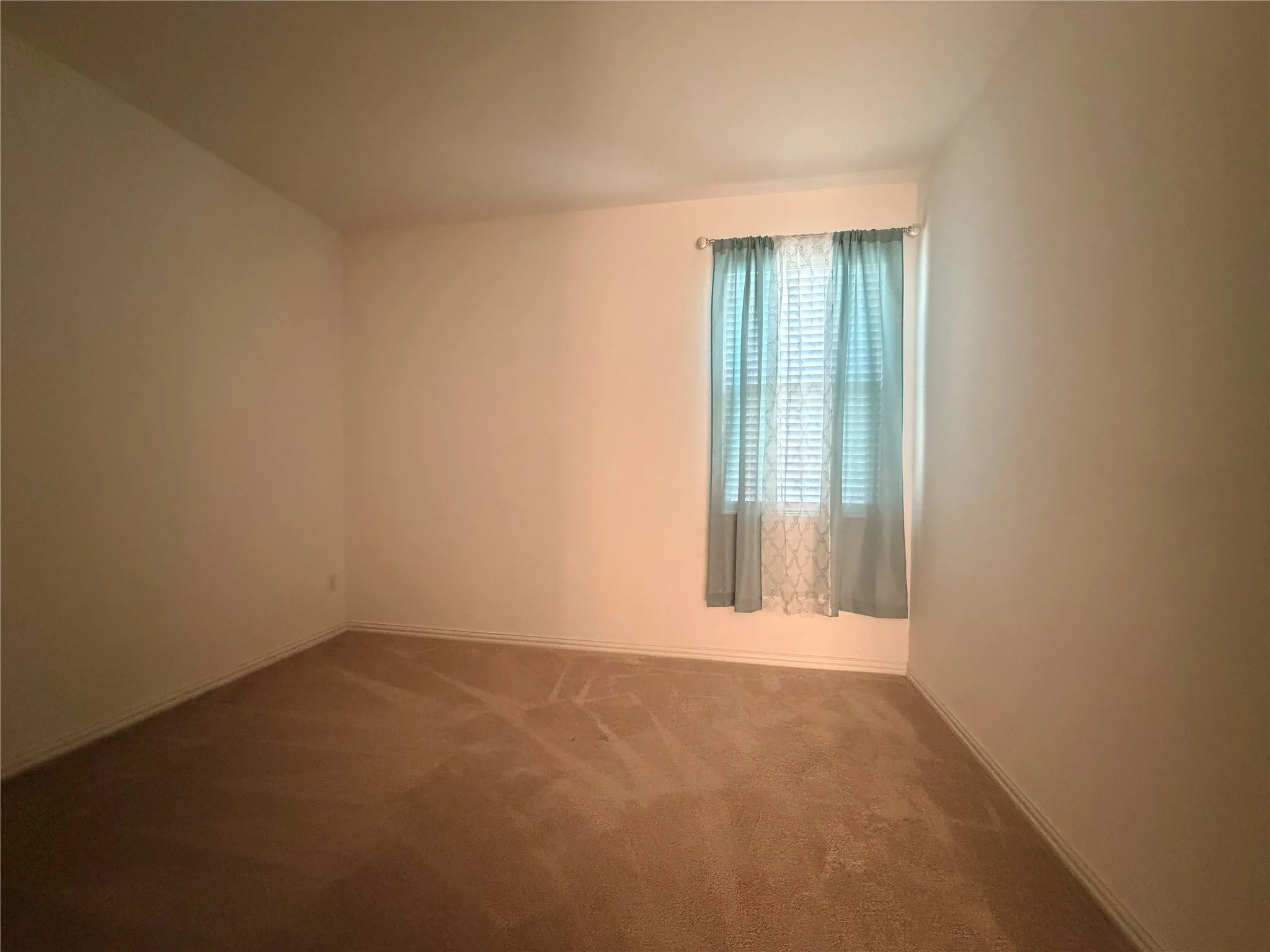Neutral wall colors, neutral carpeting, and a single window