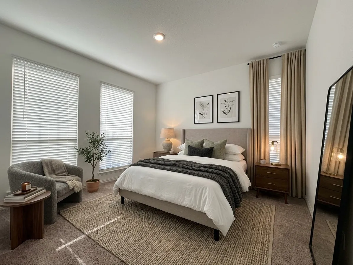 Recessed ceiling lighting, two windows with blinds, and carpeted flooring