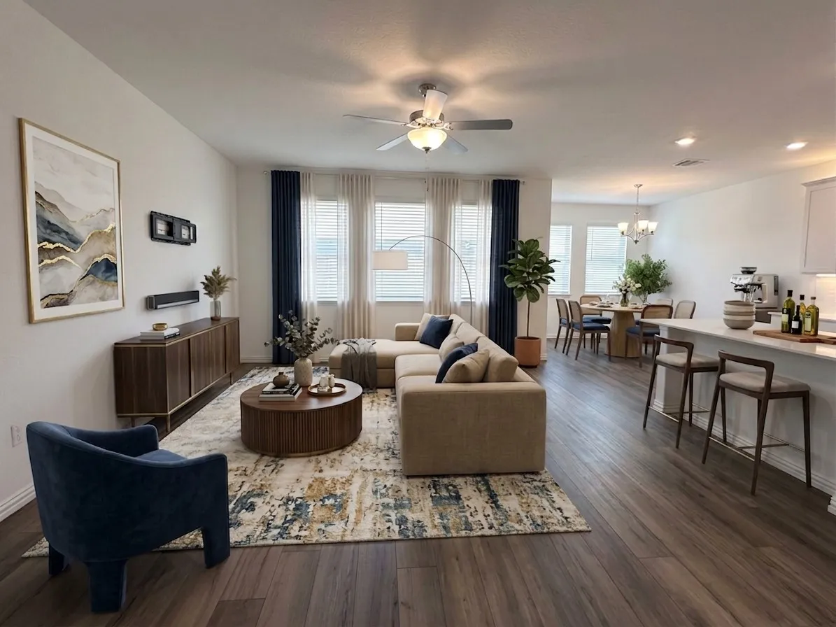 Open-concept living area featuring wood-finish flooring, recessed lighting, and a ceiling fan with integrated lighting