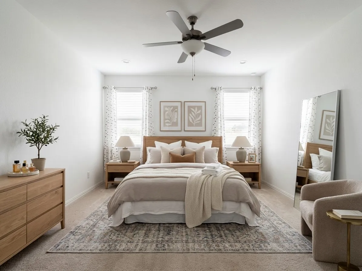 Recessed lighting, ceiling fan with integrated light, two windows with blinds, and light-toned wall finishes