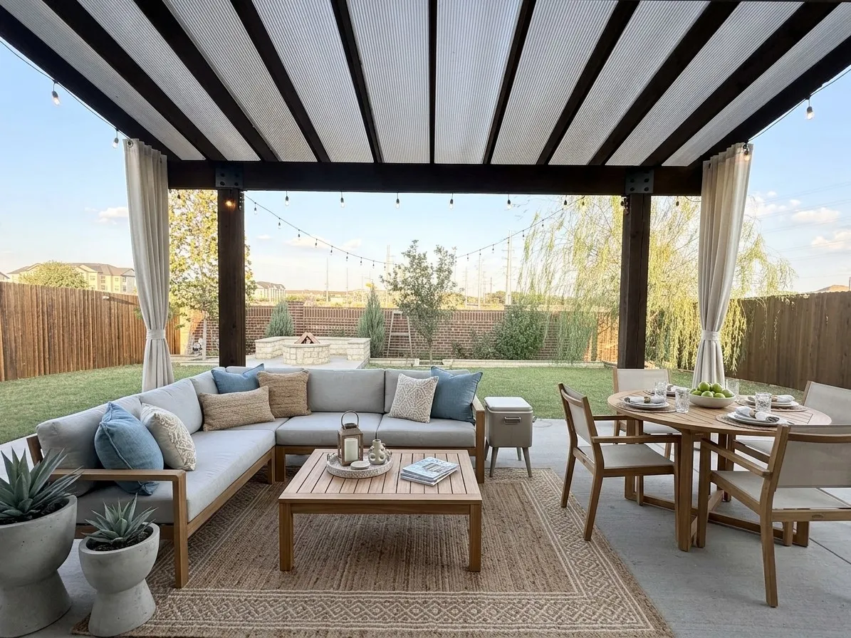 Expansive patio featuring a wood pergola with a retractable shade system, concrete flooring, and privacy curtains