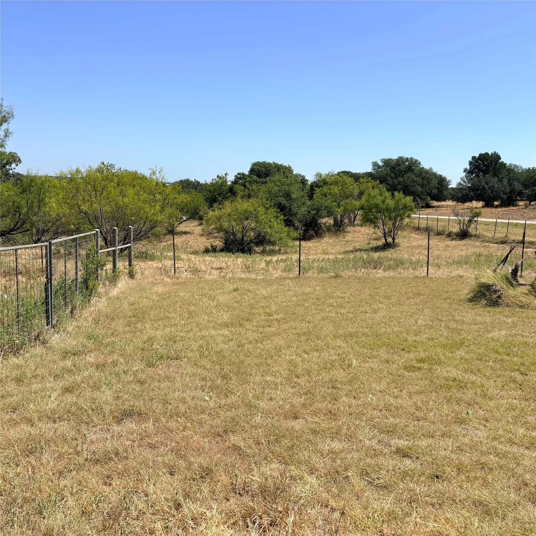 Expansive outdoor space featuring natural landscaping, partial wire fencing, and mature trees