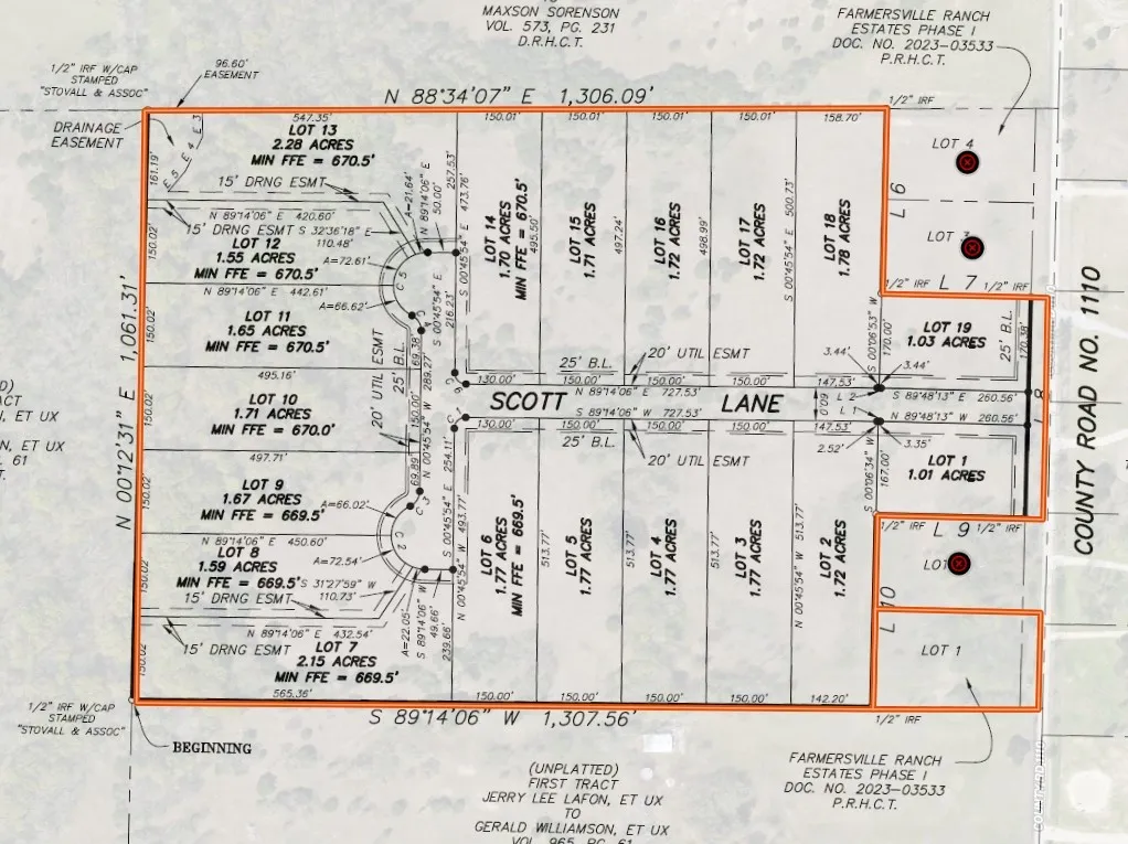 Plat Map. Illustrating the layout of multiple lots within a designated area, including acreage, minimum finished floor elevations, and easements