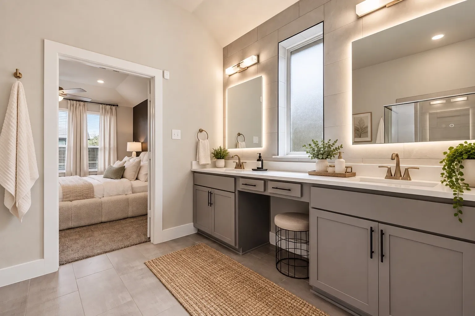 Spacious and private primary ensuite beautifully appointed with custom lighting, a striking tiled feature wall with illuminated mirrors, dual sinks, and a dedicated center vanity