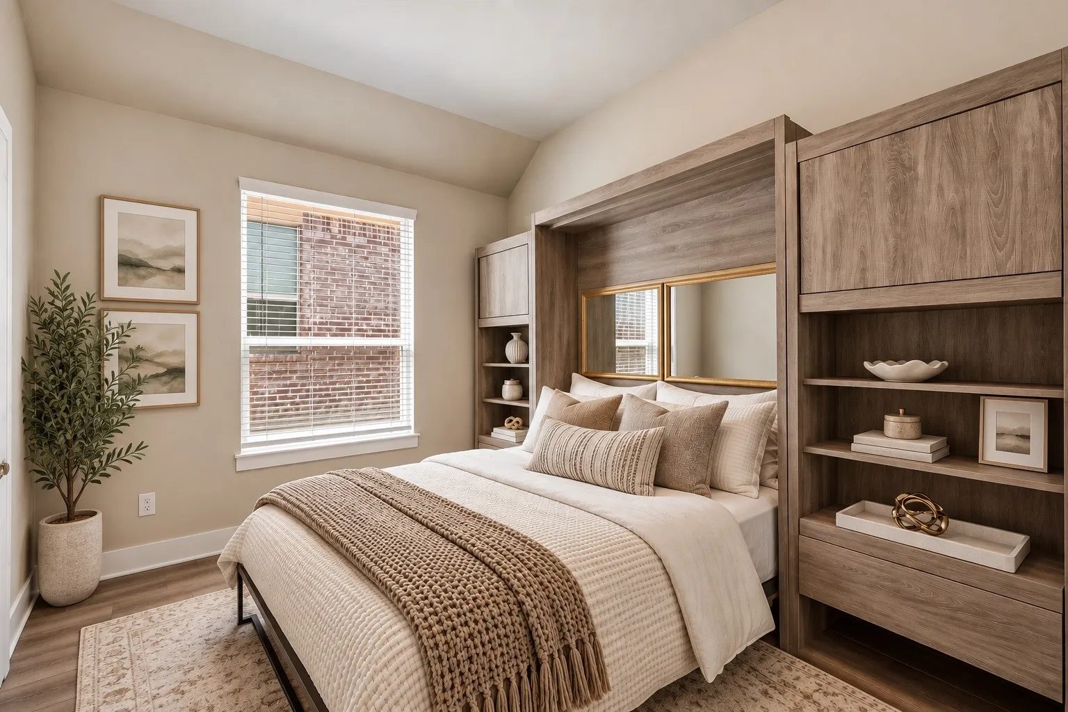 Secondary Bedroom 3 features a convenient fold-down wall bed flanked by built-in bookcase cabinetry, allowing the room to remain open and functional when the bed is not in use.