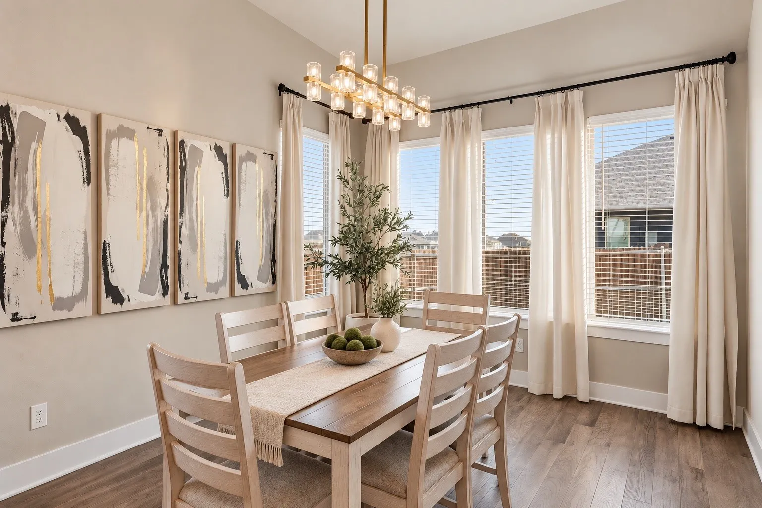 Generously sized dining area featuring custom lighting and direct access to the private backyard with a covered patio, perfect for seamless indoor-outdoor entertaining.